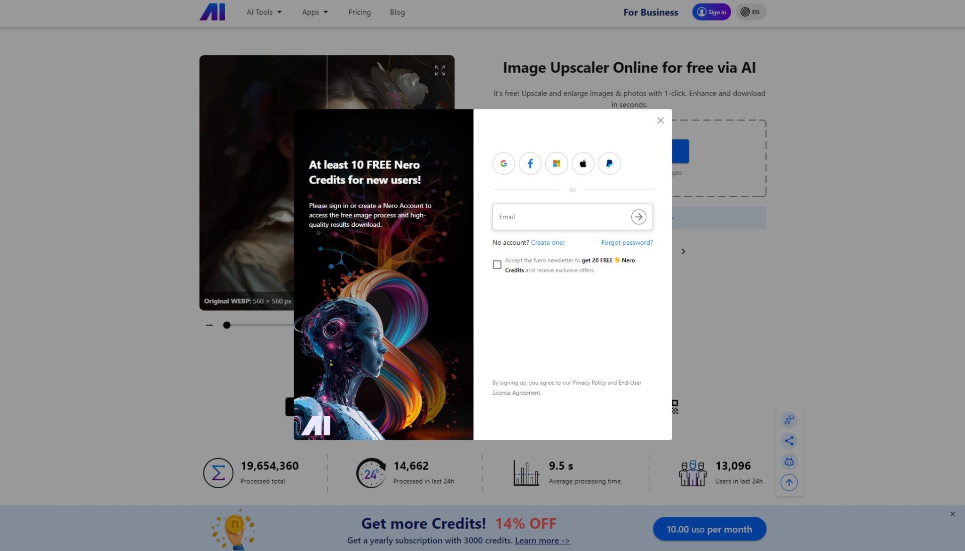 nero ai image upscaler注册登录页