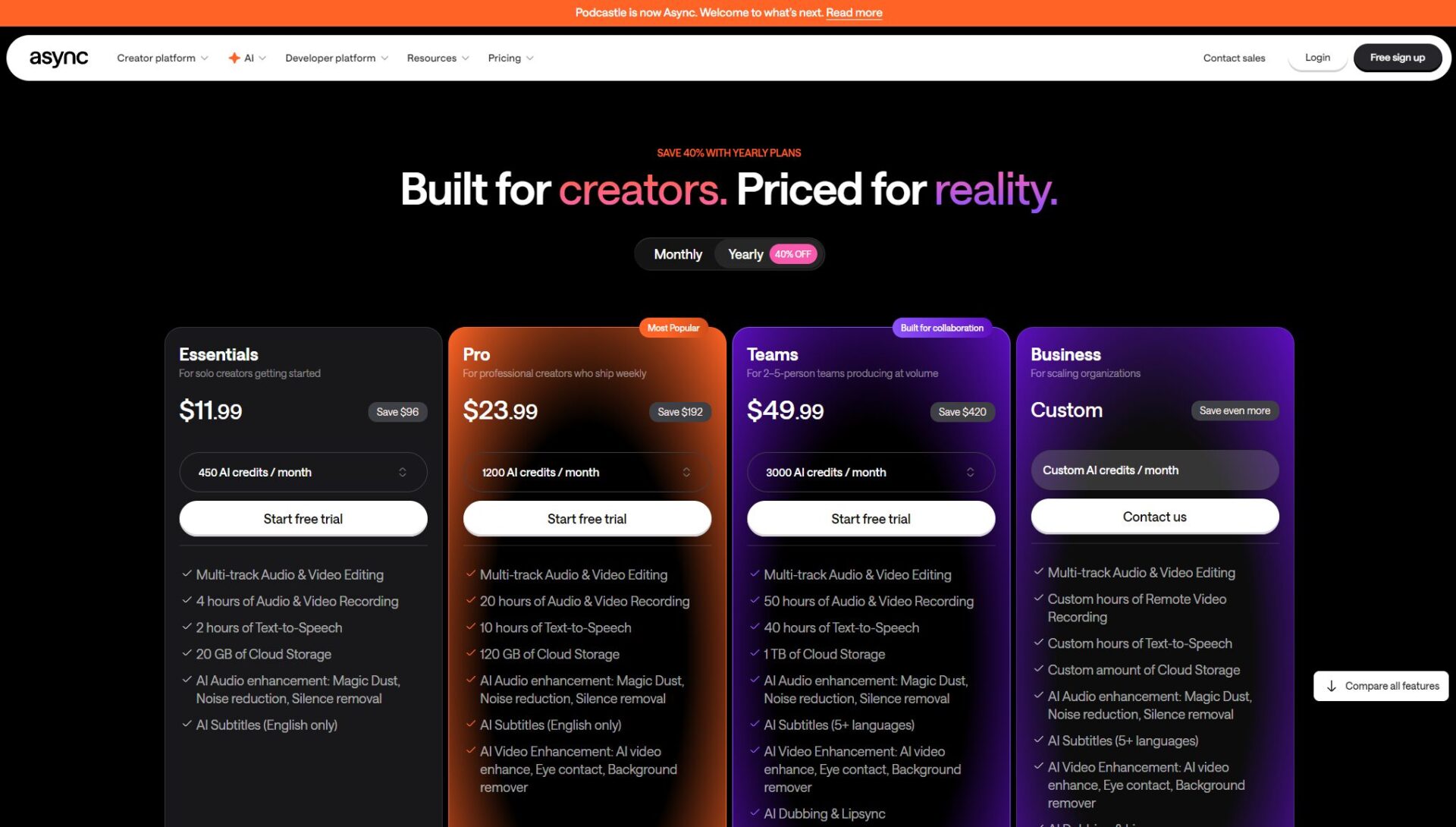 Podcastle官网定价页面