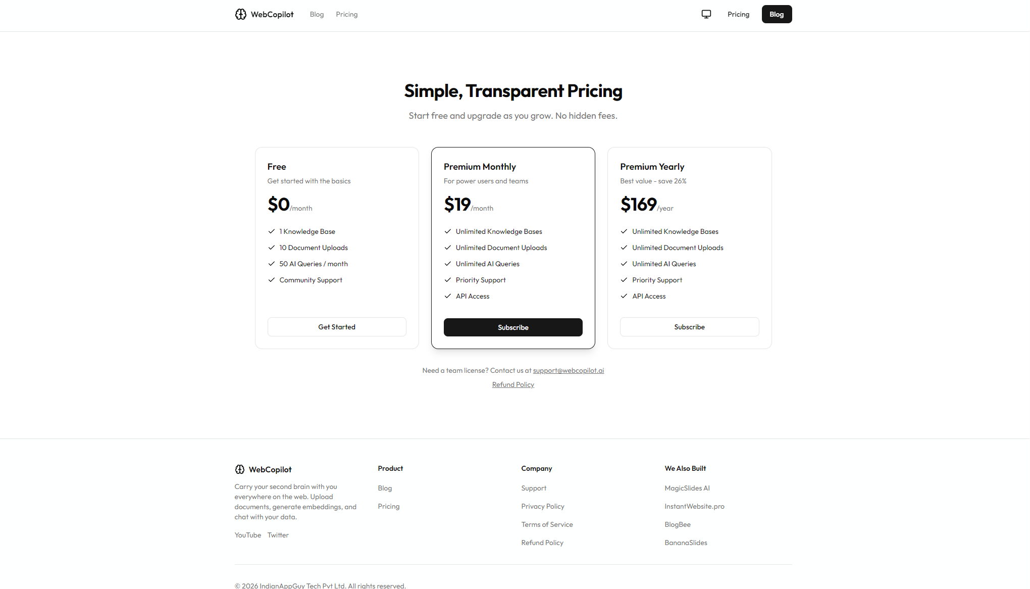 WebCopilot.ai价格方案页