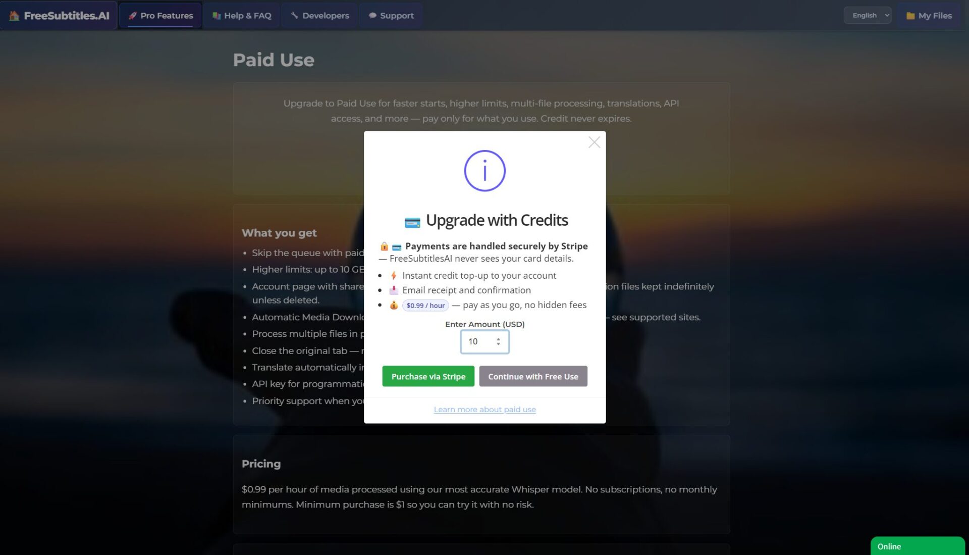 FreeSubtitles.AI价格方案页