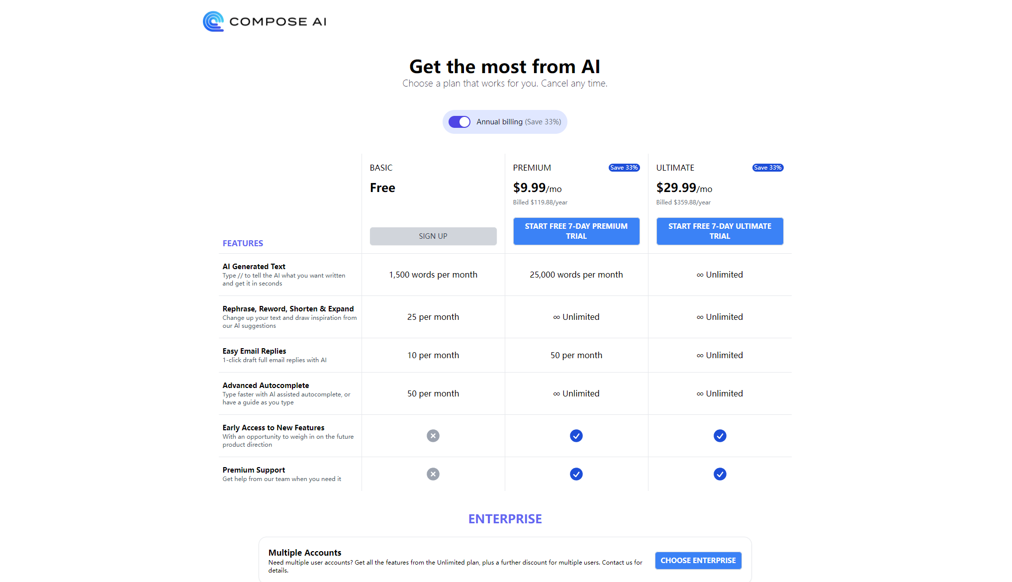 Compose AI官方定价页面