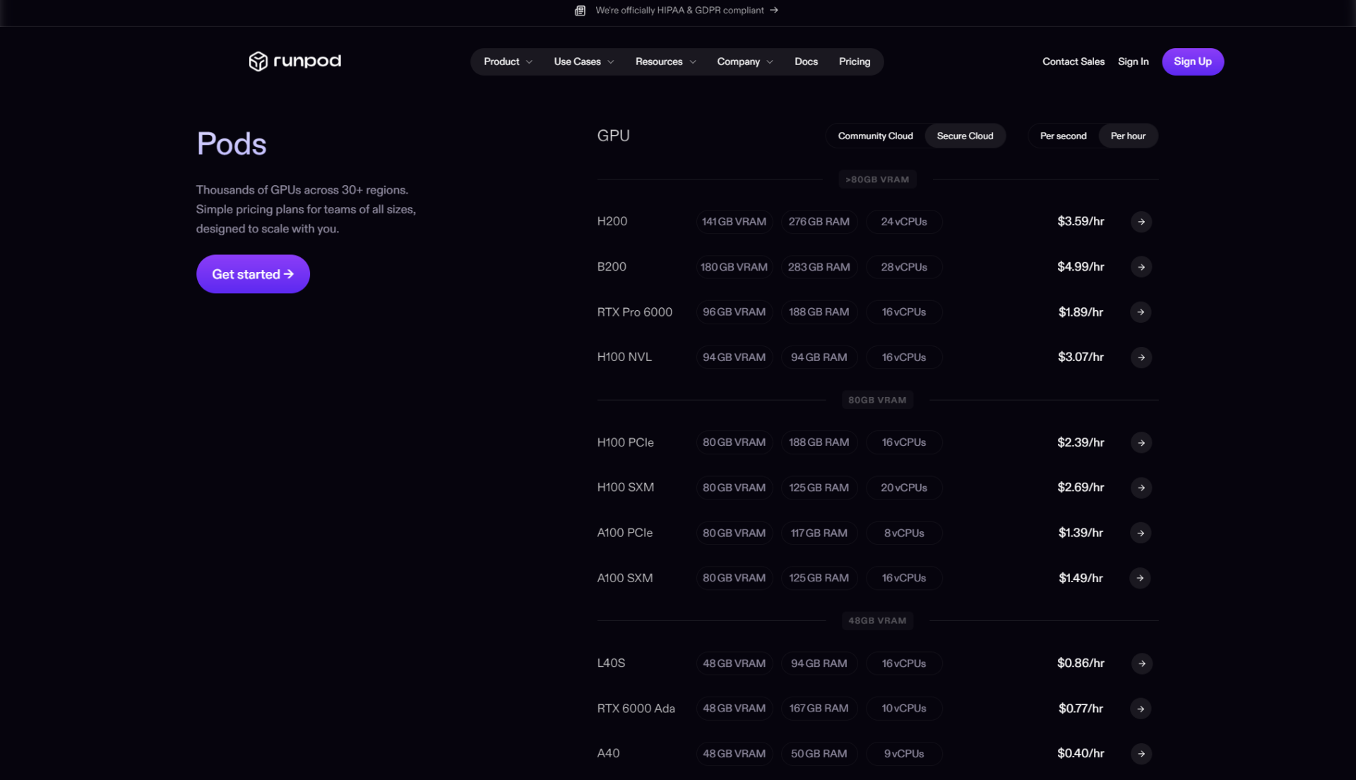 RunPod价格页