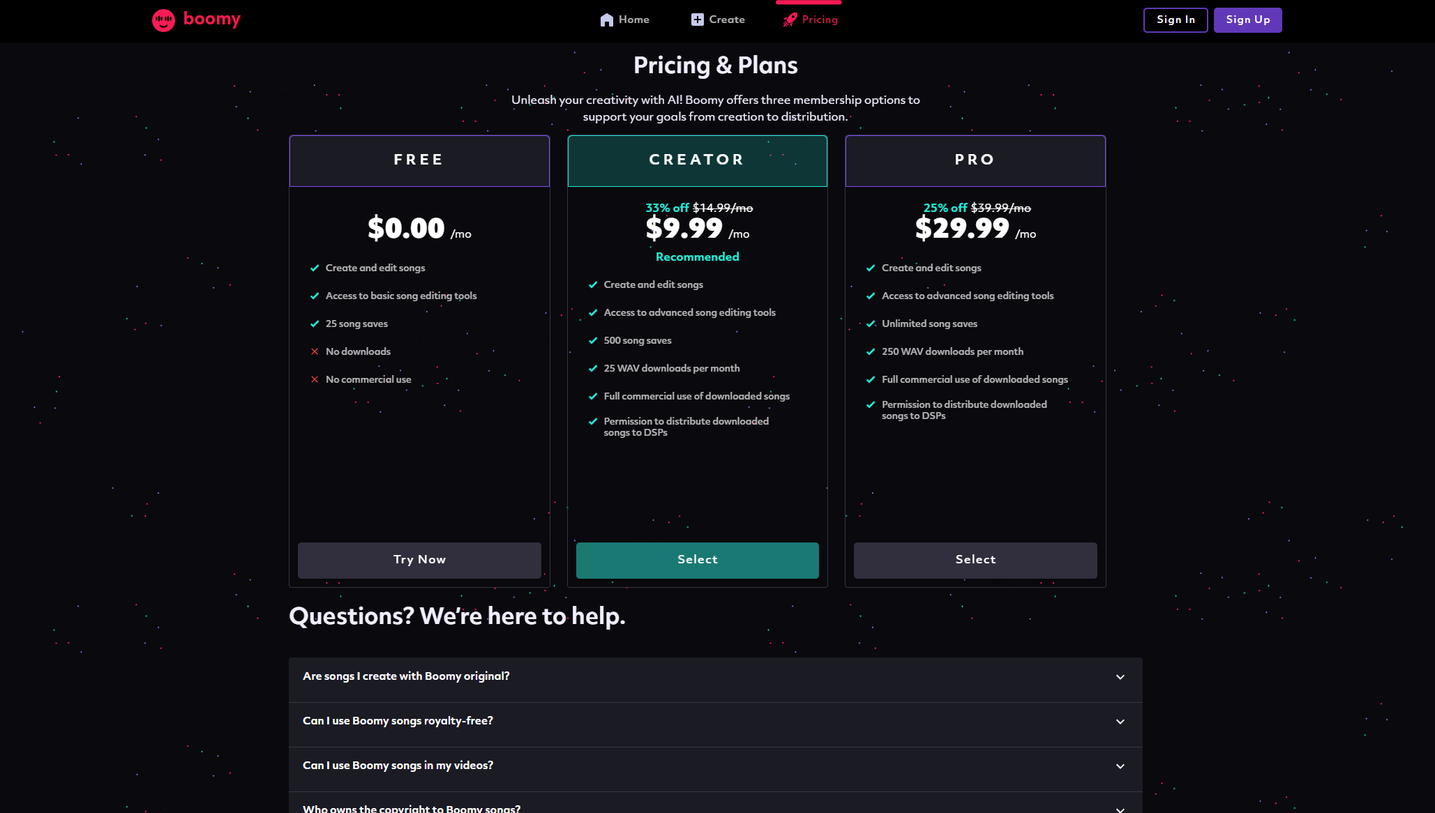 boomy ai价格方案页