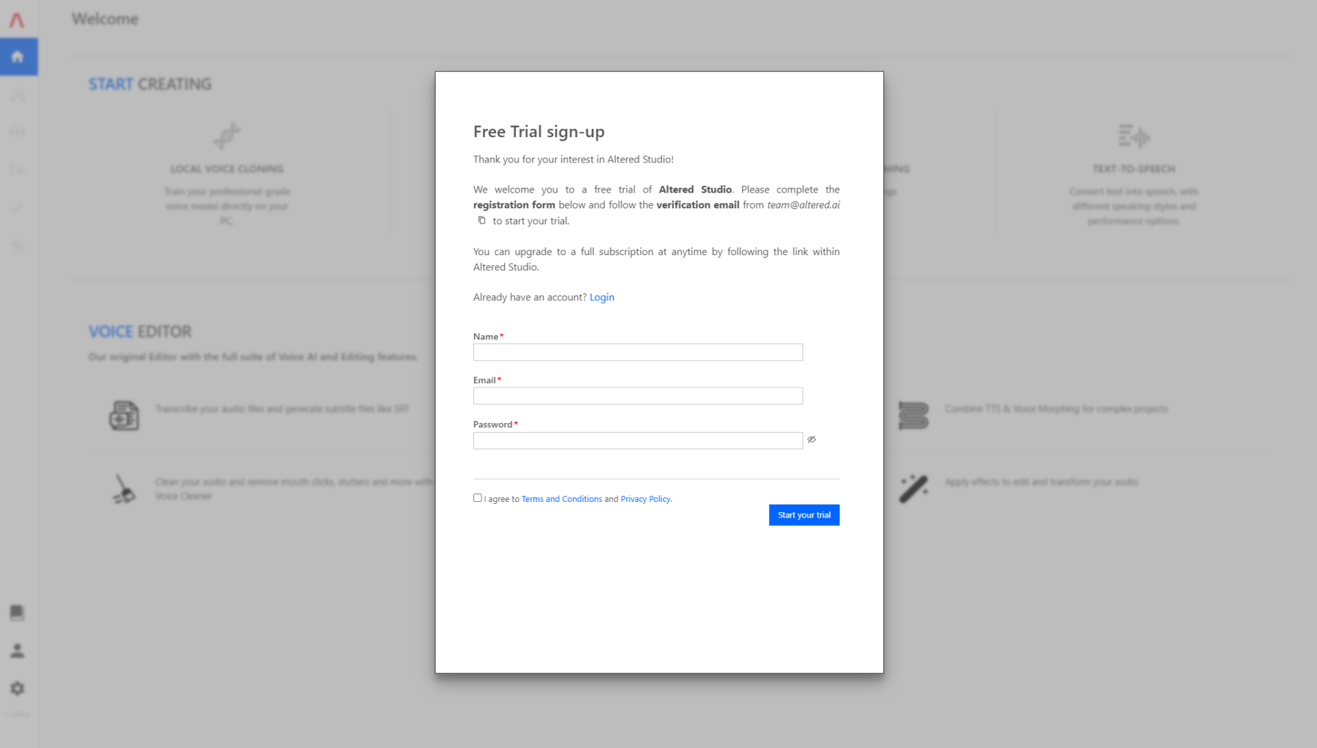 Altered Studio注册登录页