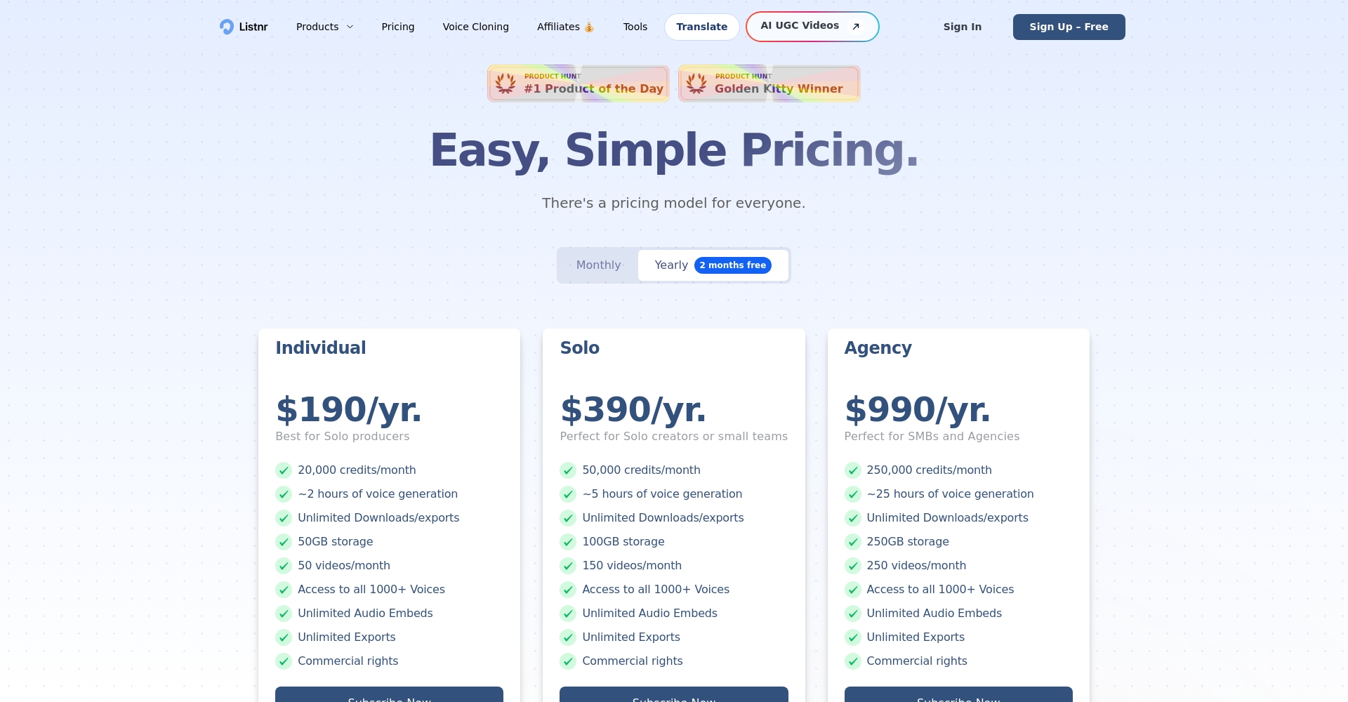 Listnr AI定价页面截图