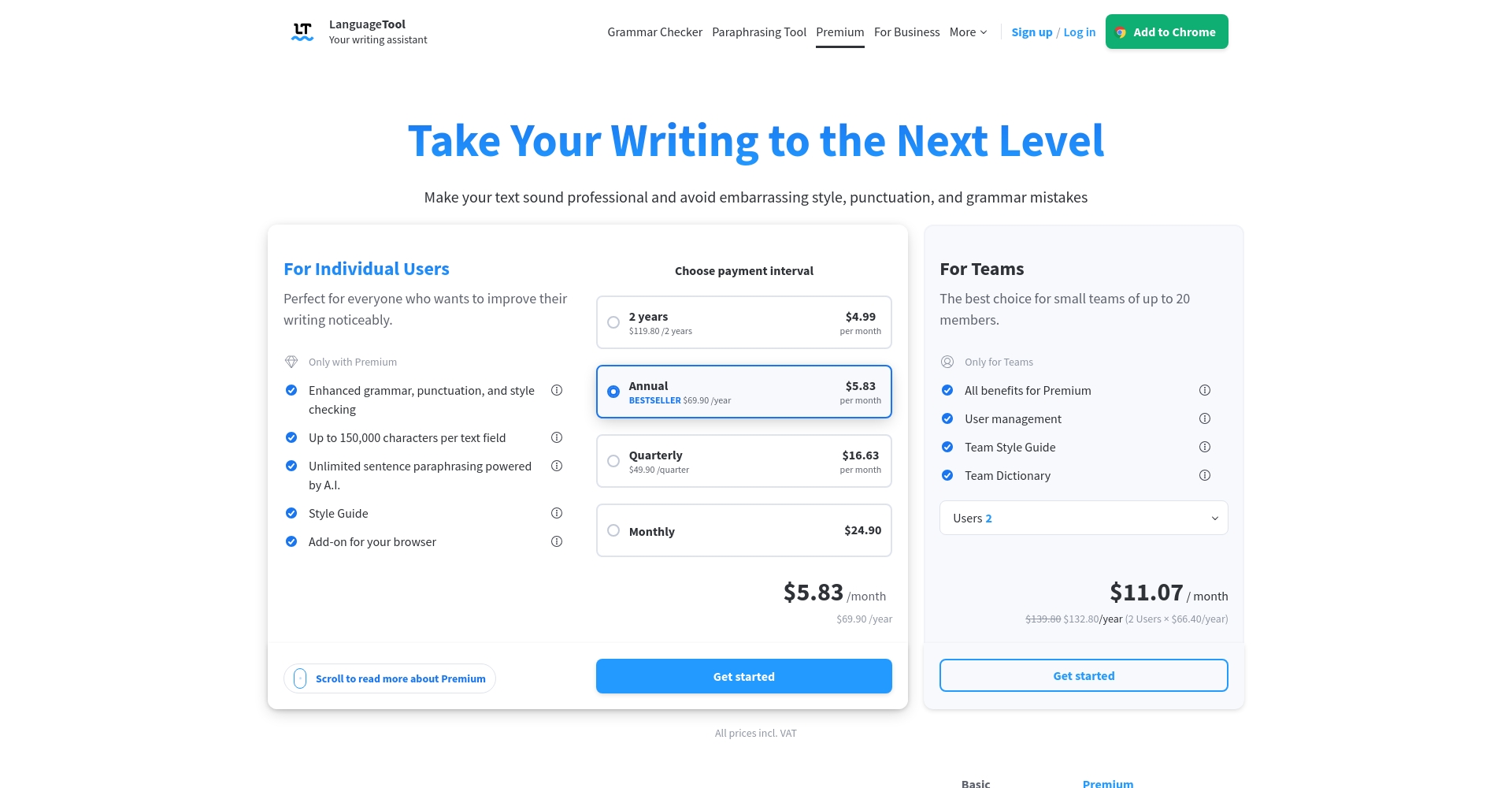 LanguageTool方案价格页面
