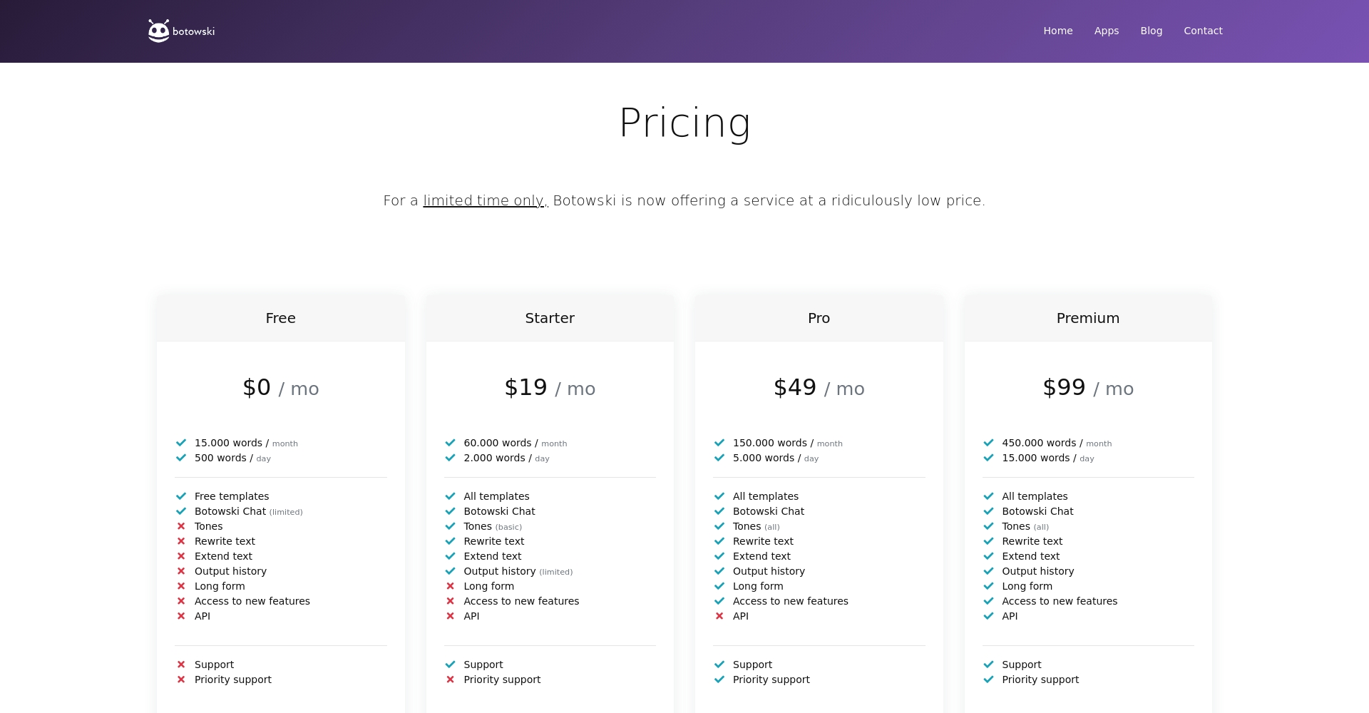 Botowski价格方案页面截图