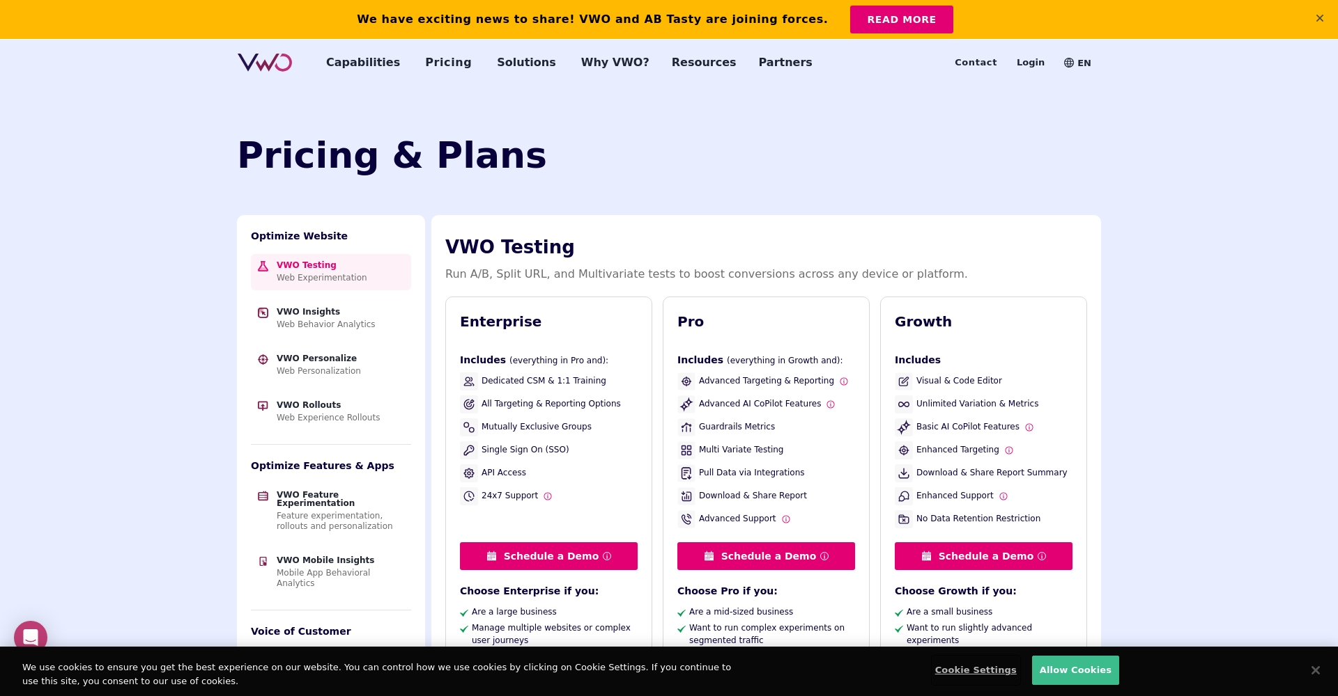 VWO价格套餐页面