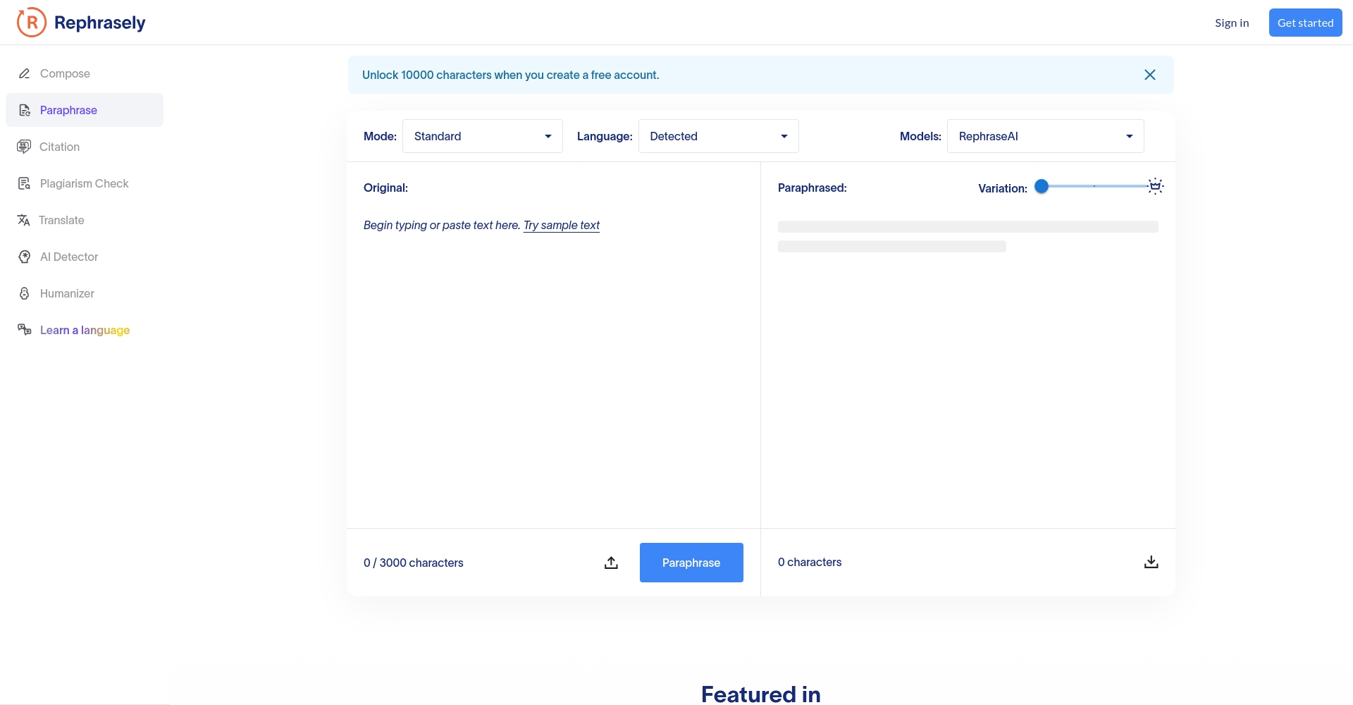 Rephrasely主页截图