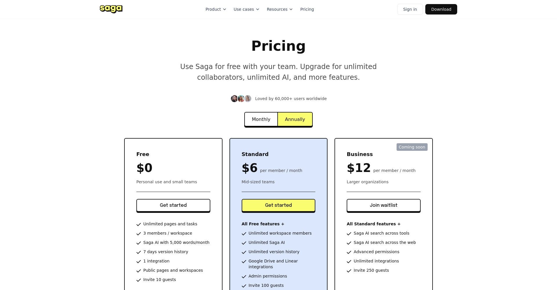 Saga价格方案页面