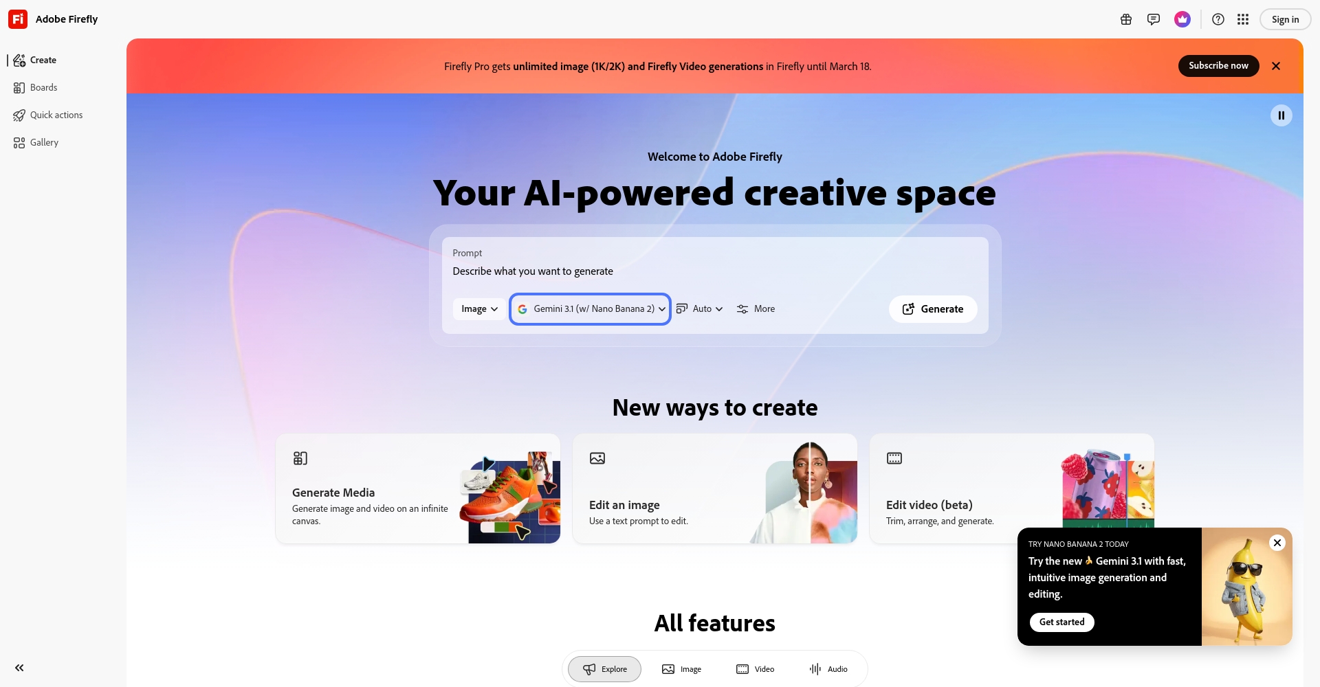 Adobe Firefly 工具首页