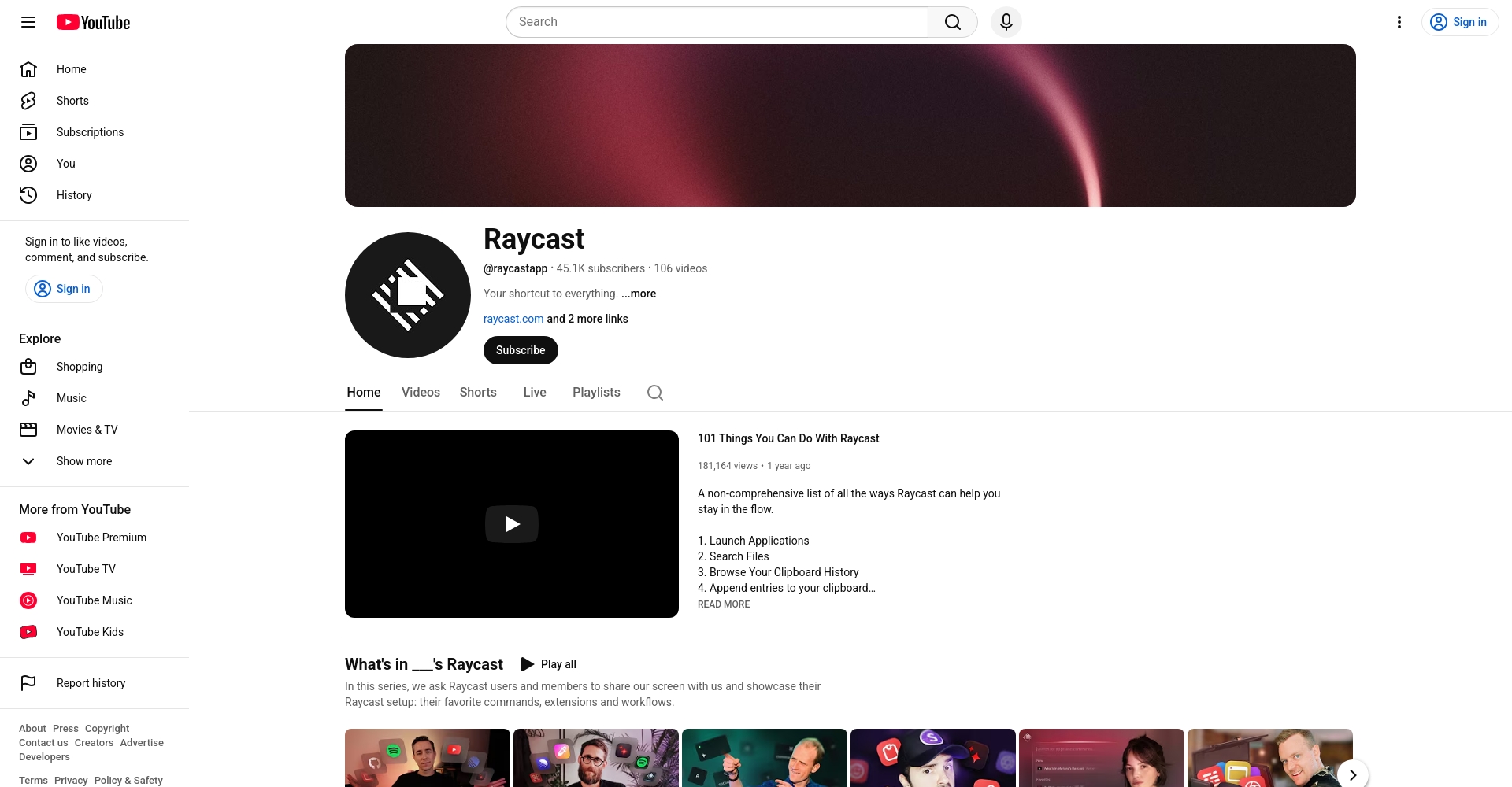 Raycast官方YouTube频道截图