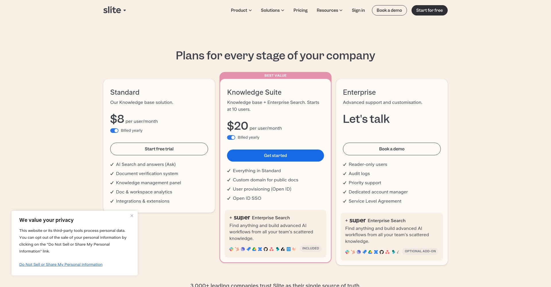 Slite价格方案页面截图
