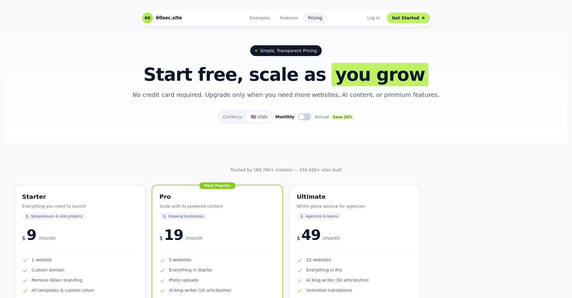 60SEC.SITE定价方案页面