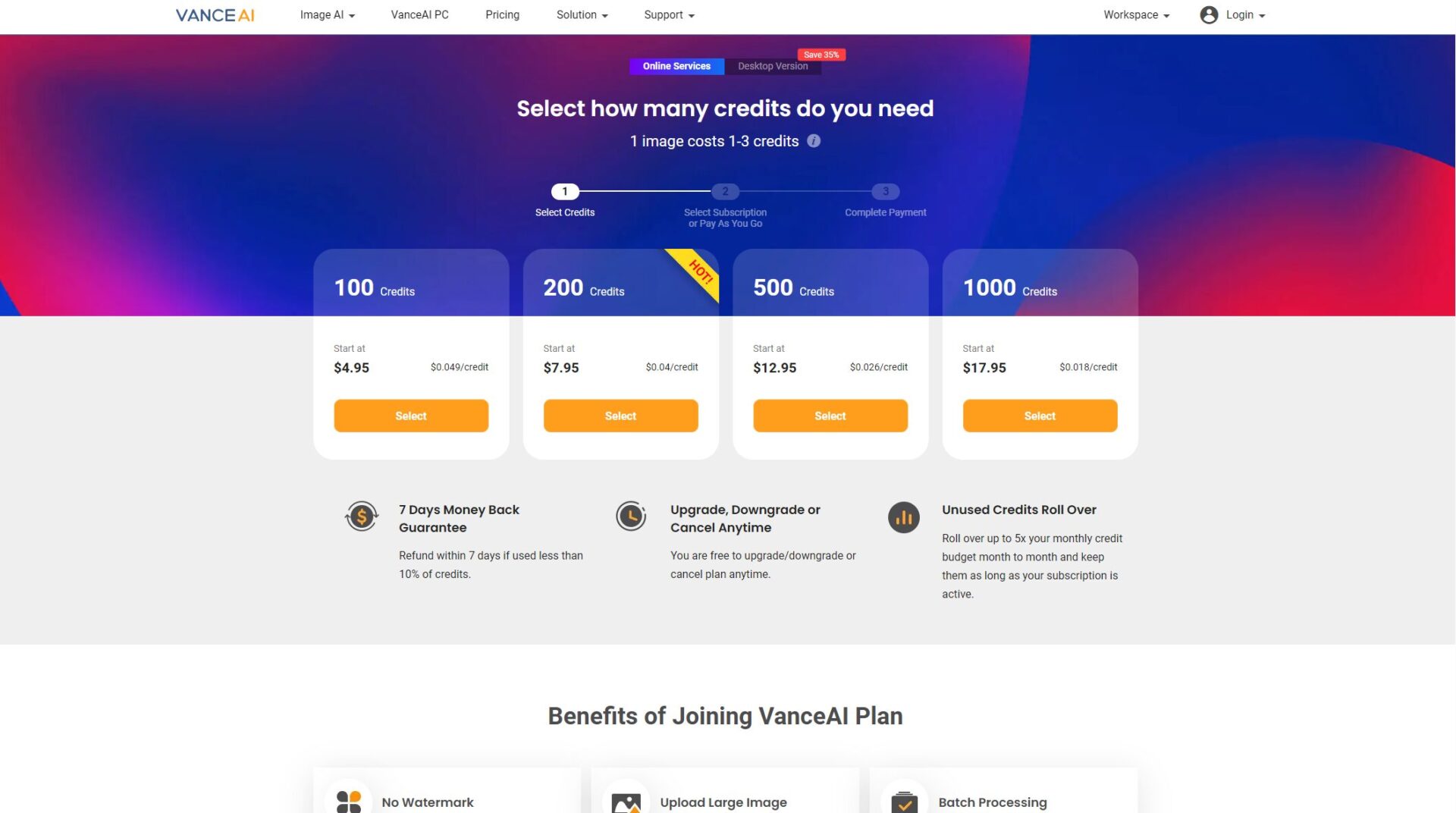 VanceAI价格方案页