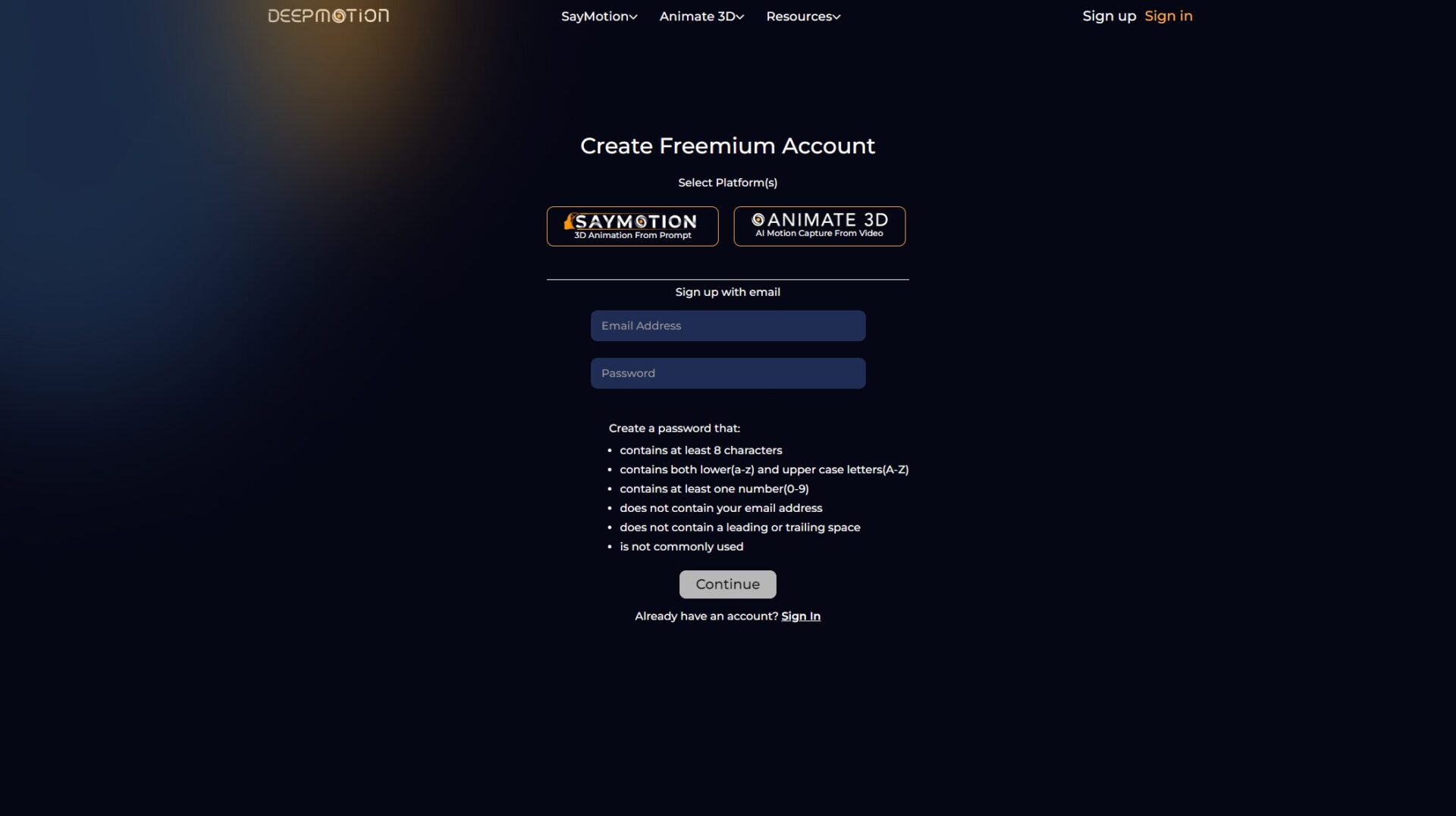 Deepmotion AI注册登录页
