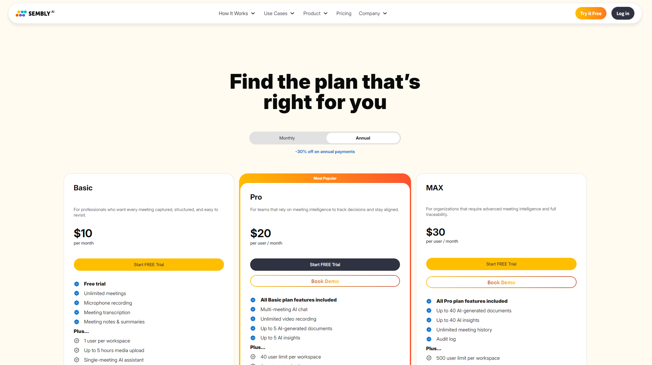 Sembly AI官方定价页