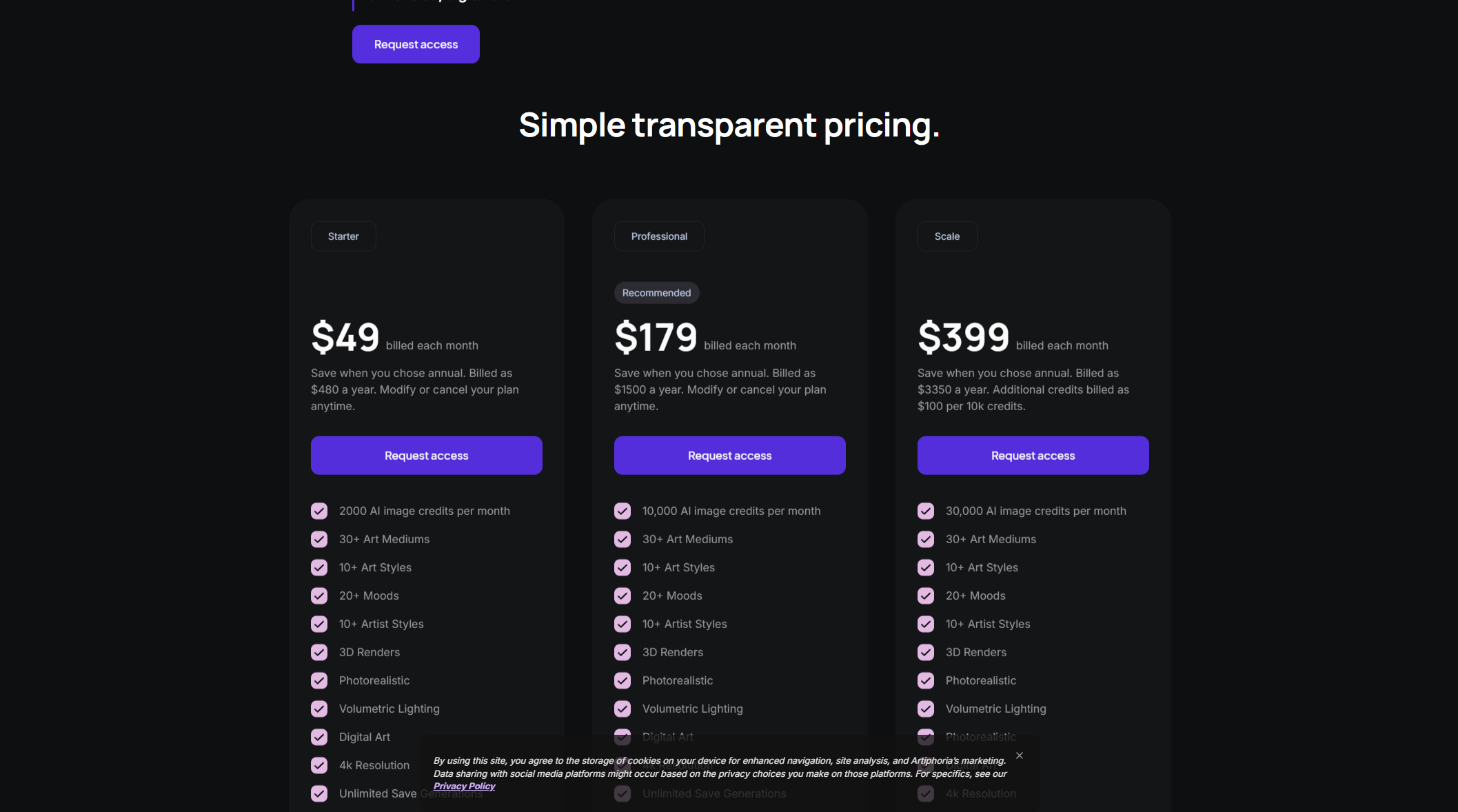 Artiphoria AI价格方案页
