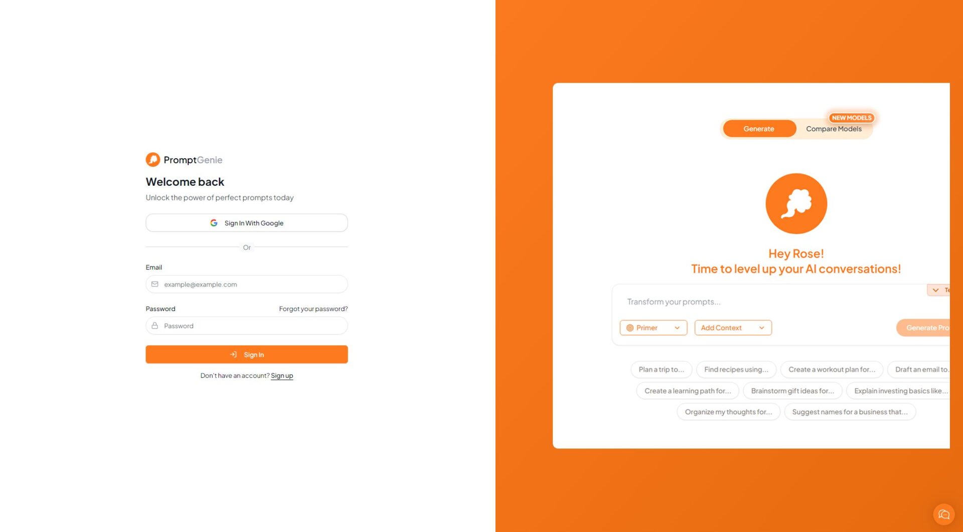 Prompt Genie注册登录页