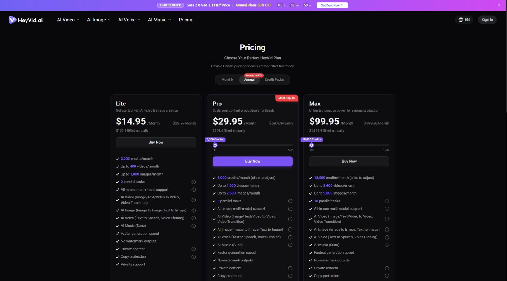 HeyVid.ai 价格方案页