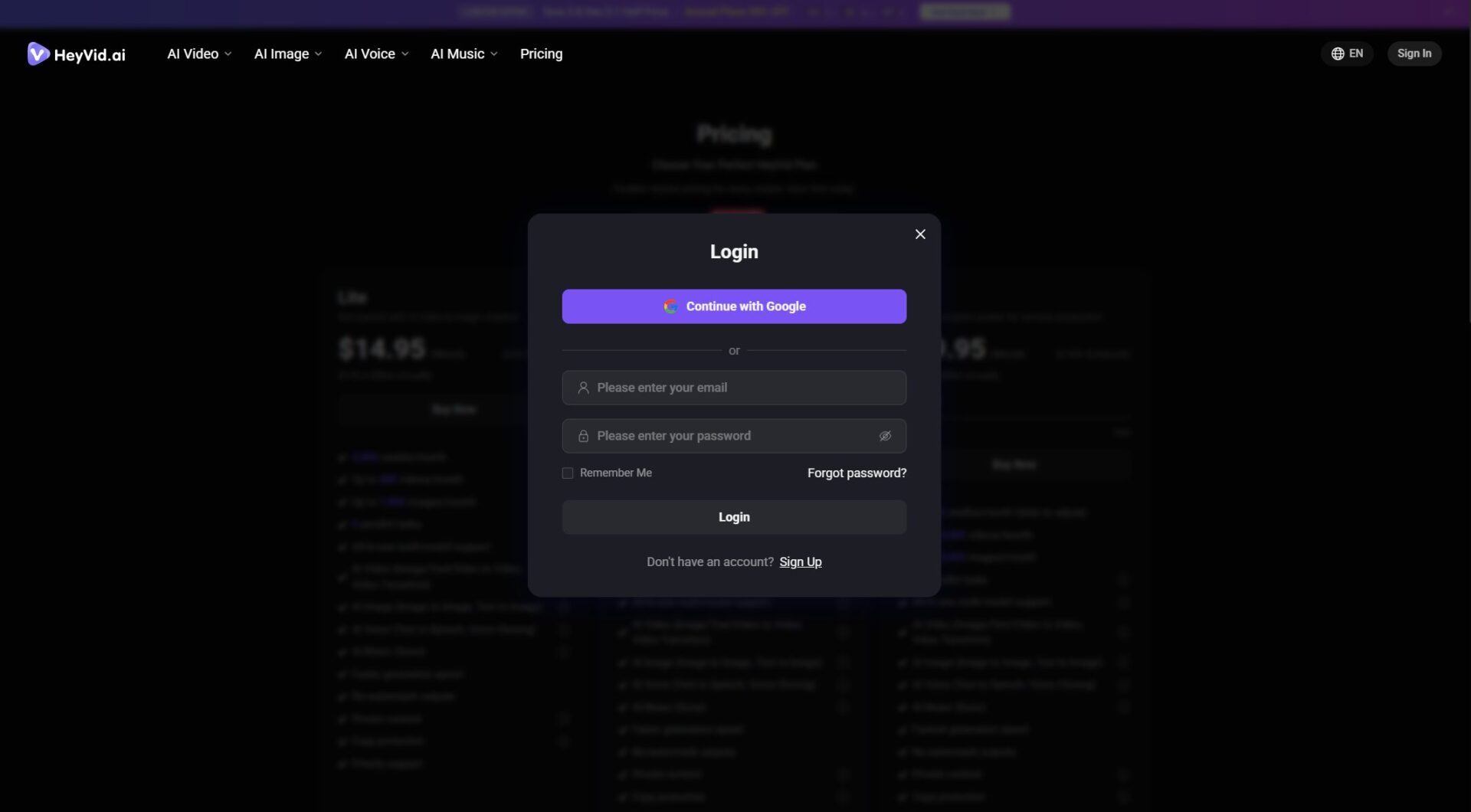 HeyVid AI注册登录页