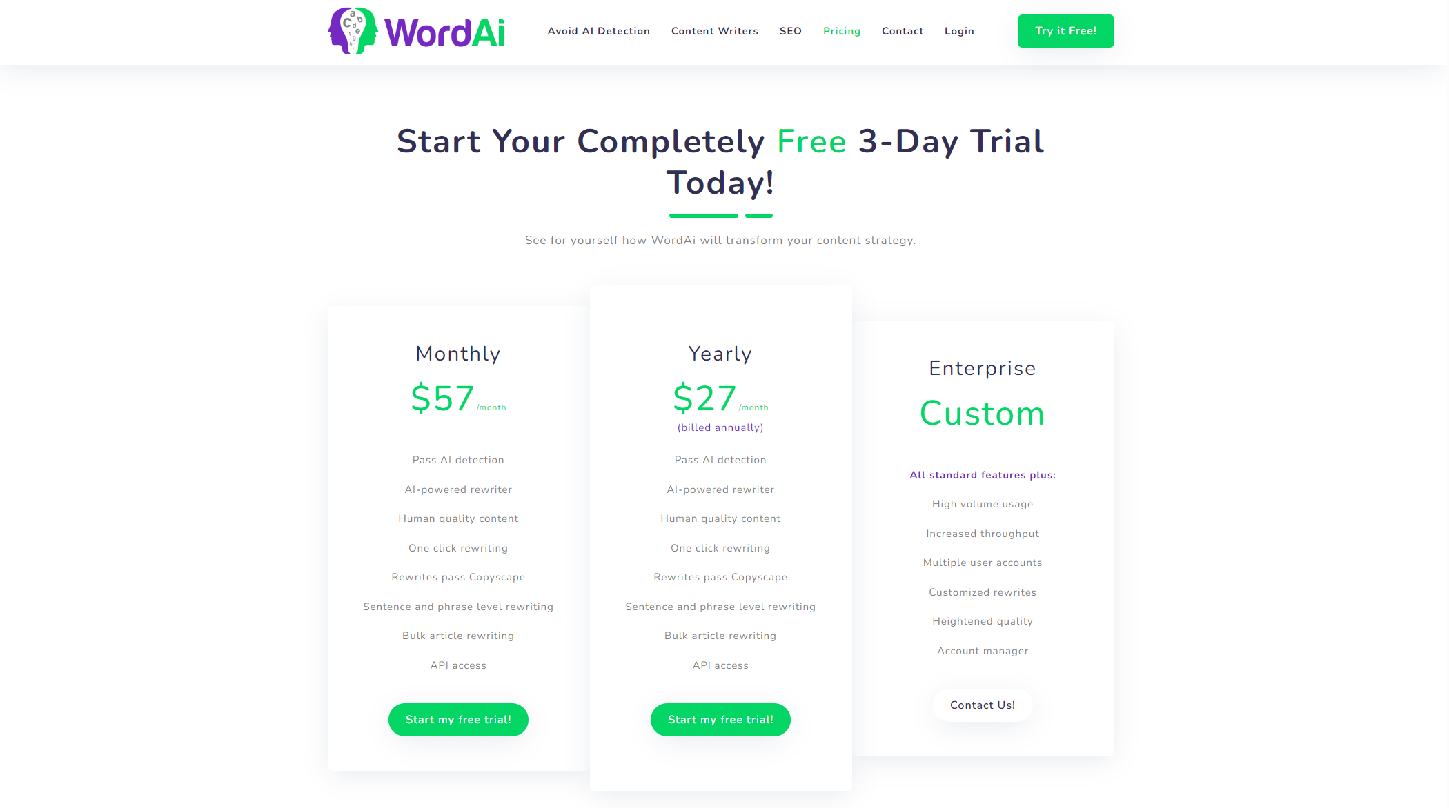 WordAi价格方案页