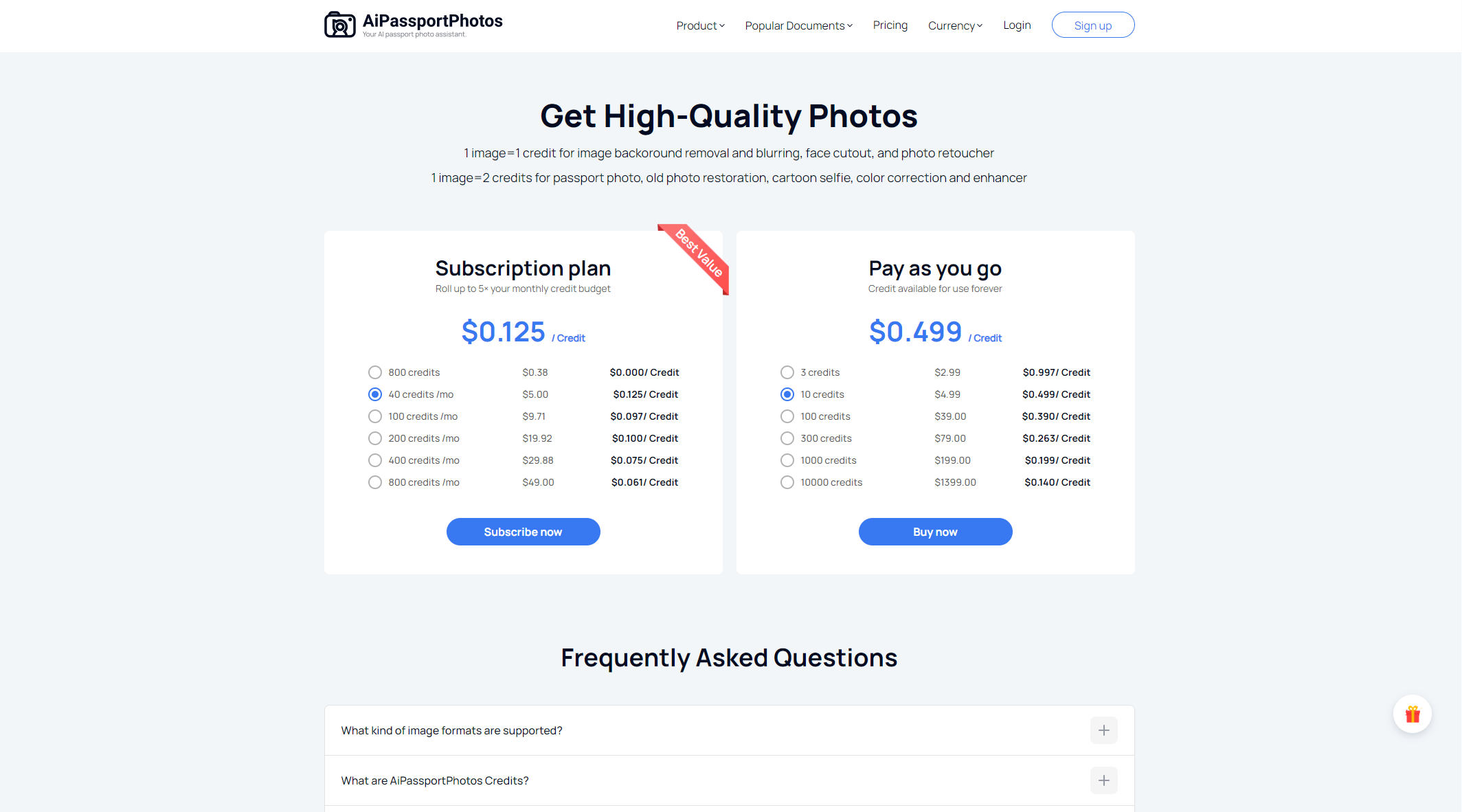 AiPassportPhotos价格方案页