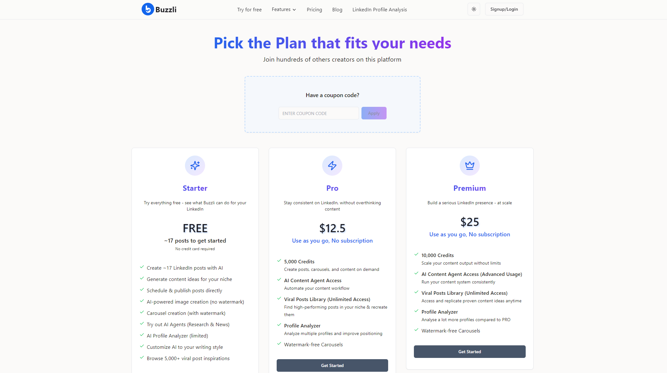 Buzzli价格方案页