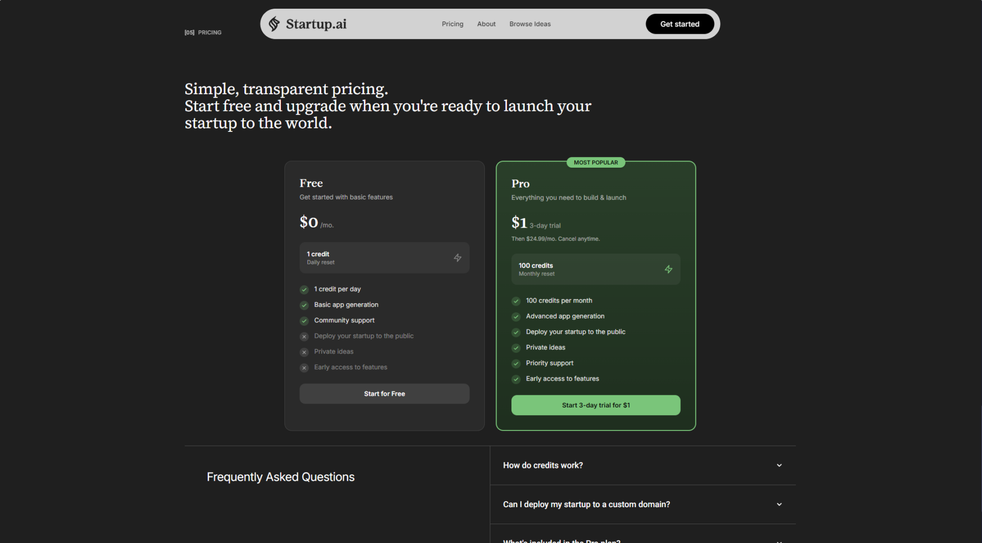 Startup.ai价格方案页