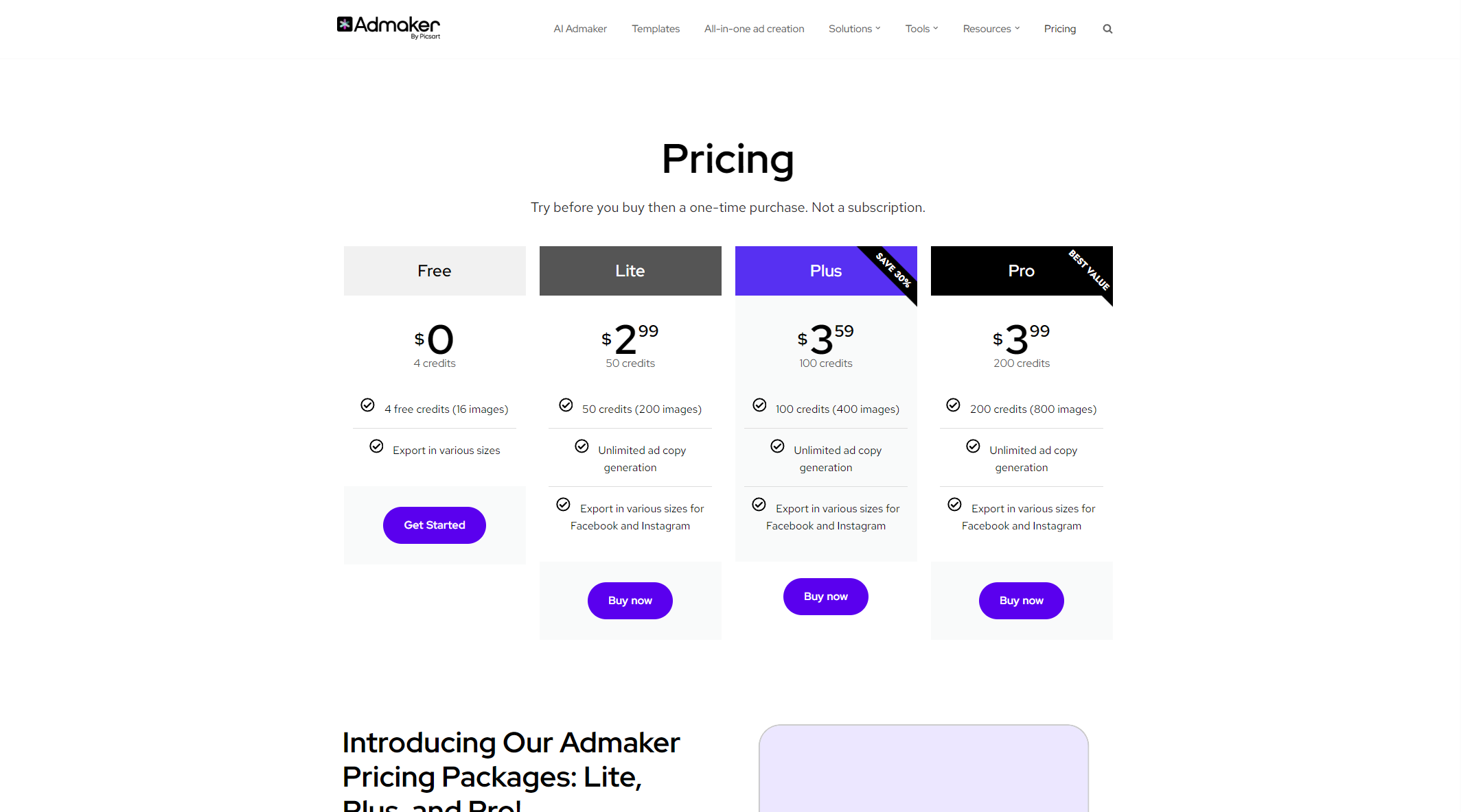 Admaker by Picsart价格方案页