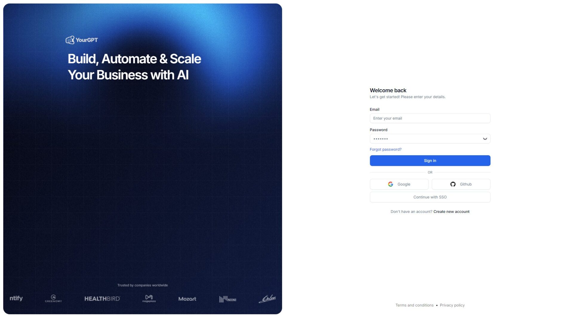 YourGPT AI注册登录页