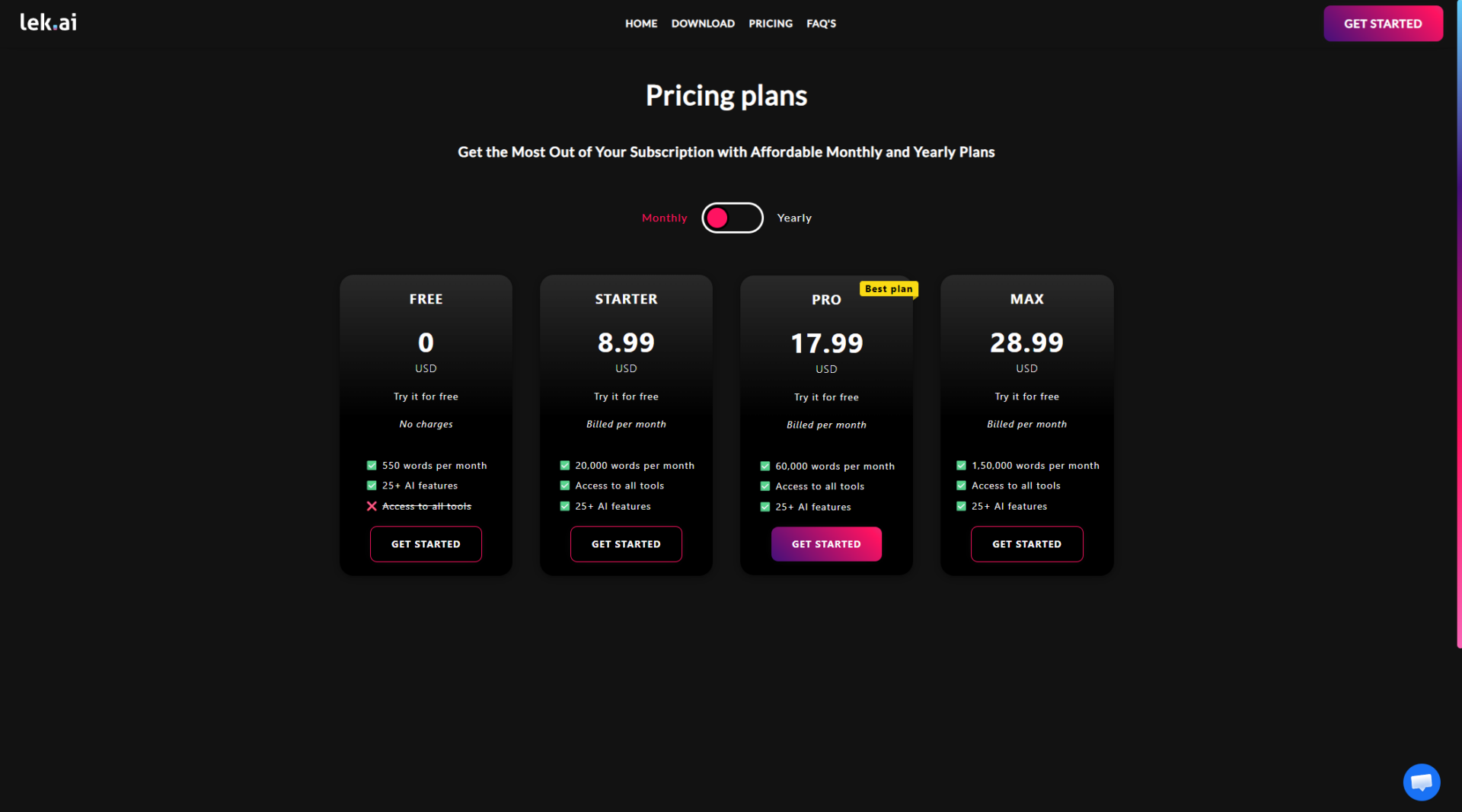 Lek AI价格方案页