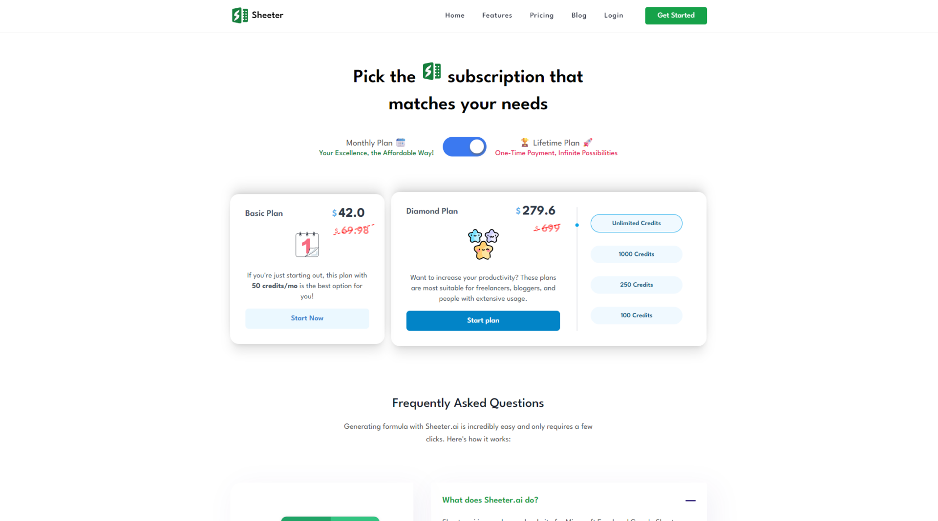 Sheeter.ai价格方案页