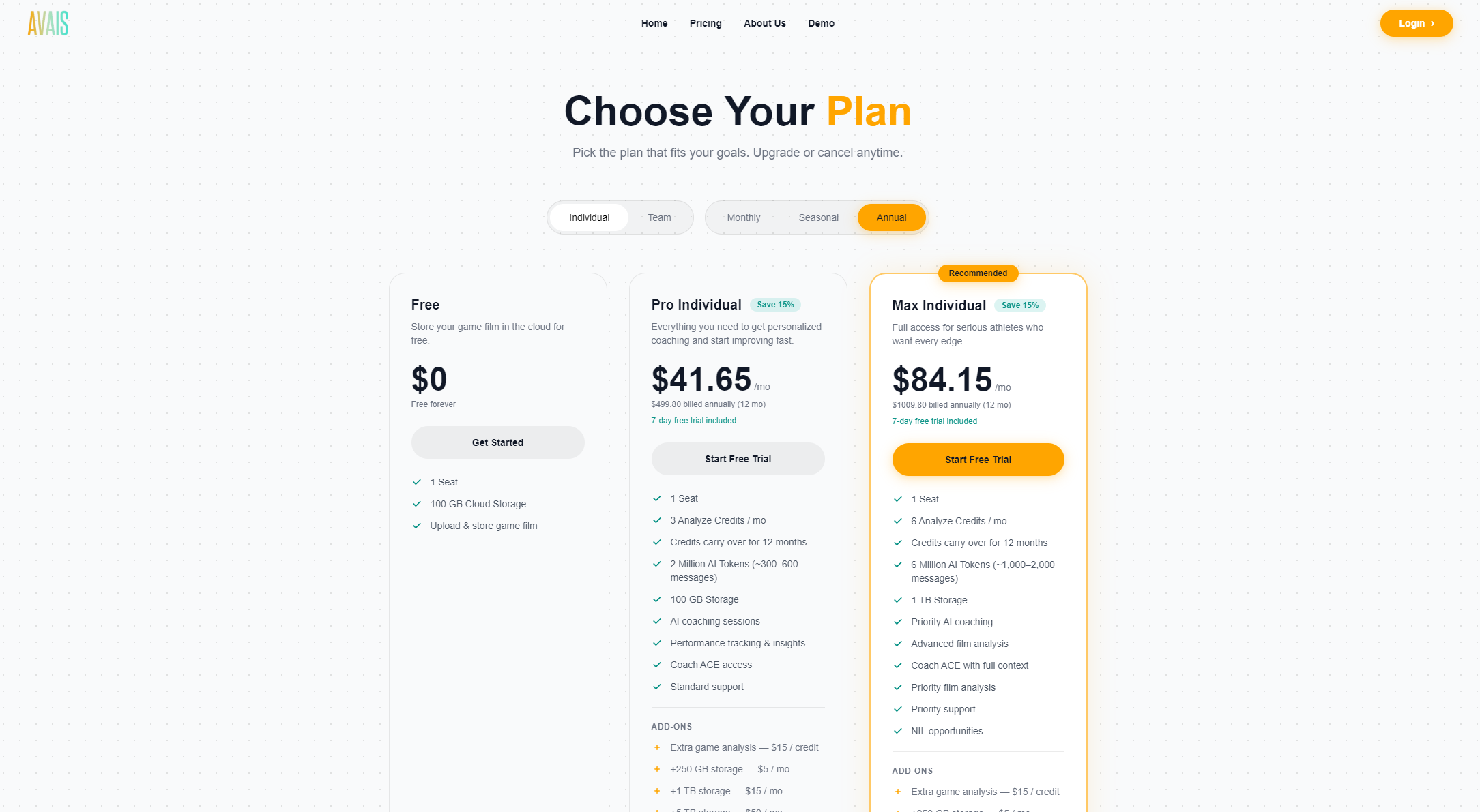 AVAIS价格方案页