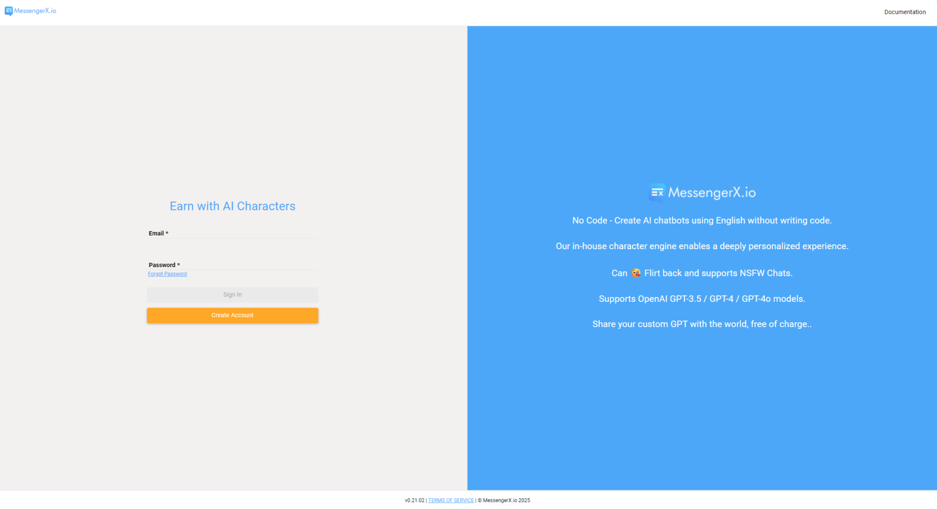 MessengerX.io注册登录页