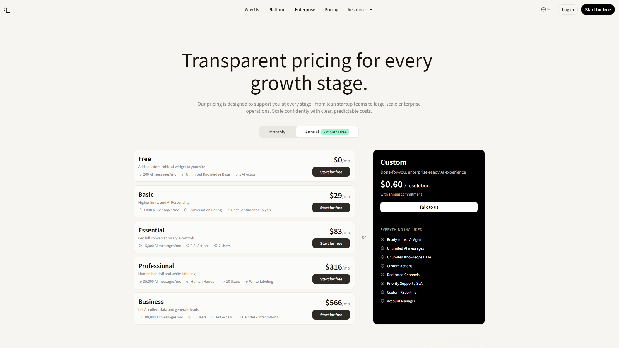Quickchat AI价格方案页