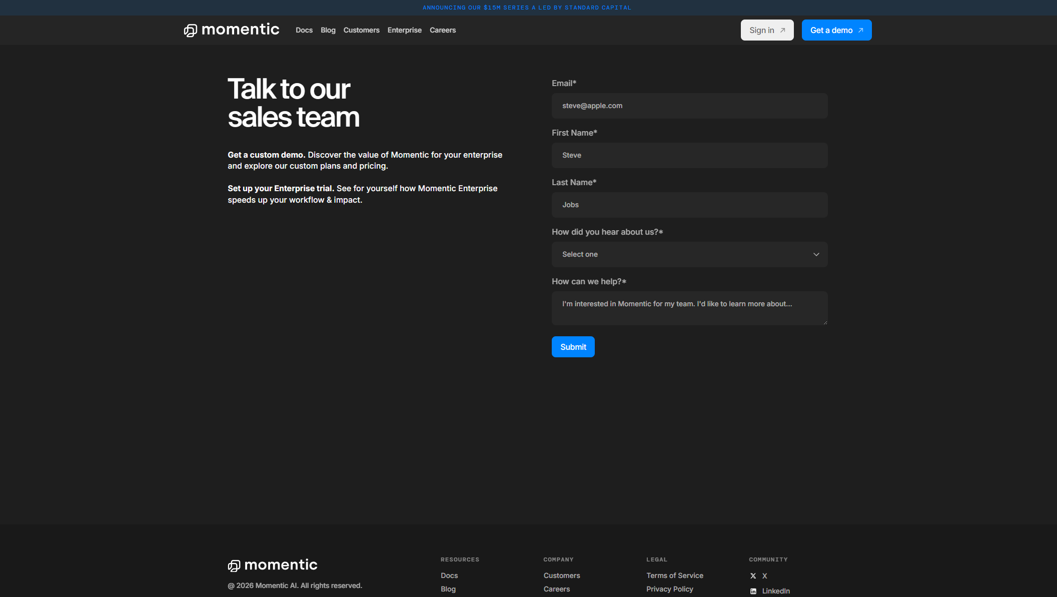 momentic联系申请页