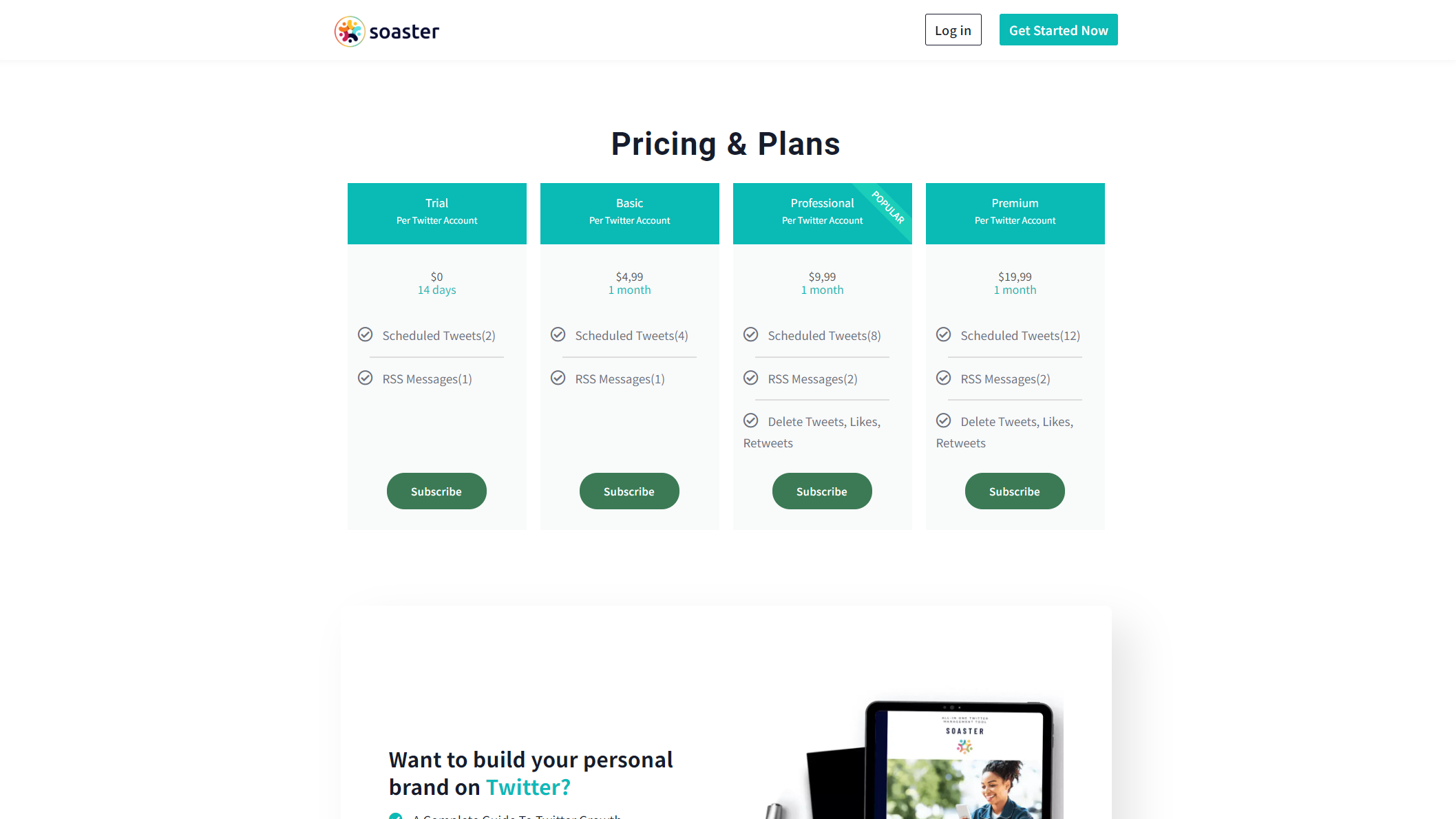 Soaster价格方案页