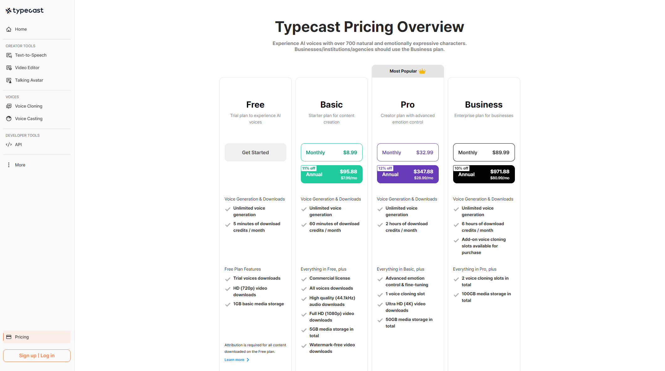 Typecast价格方案页