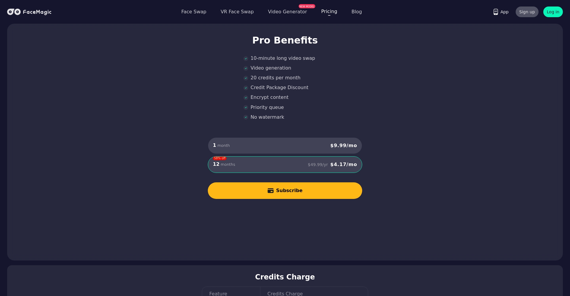 FaceMagic价格页面截图