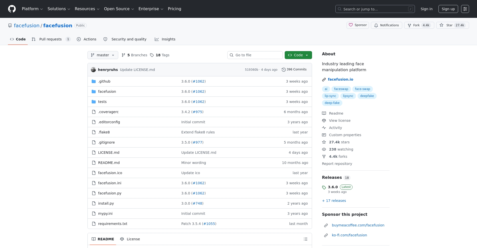 FaceFusion GitHub页面截图