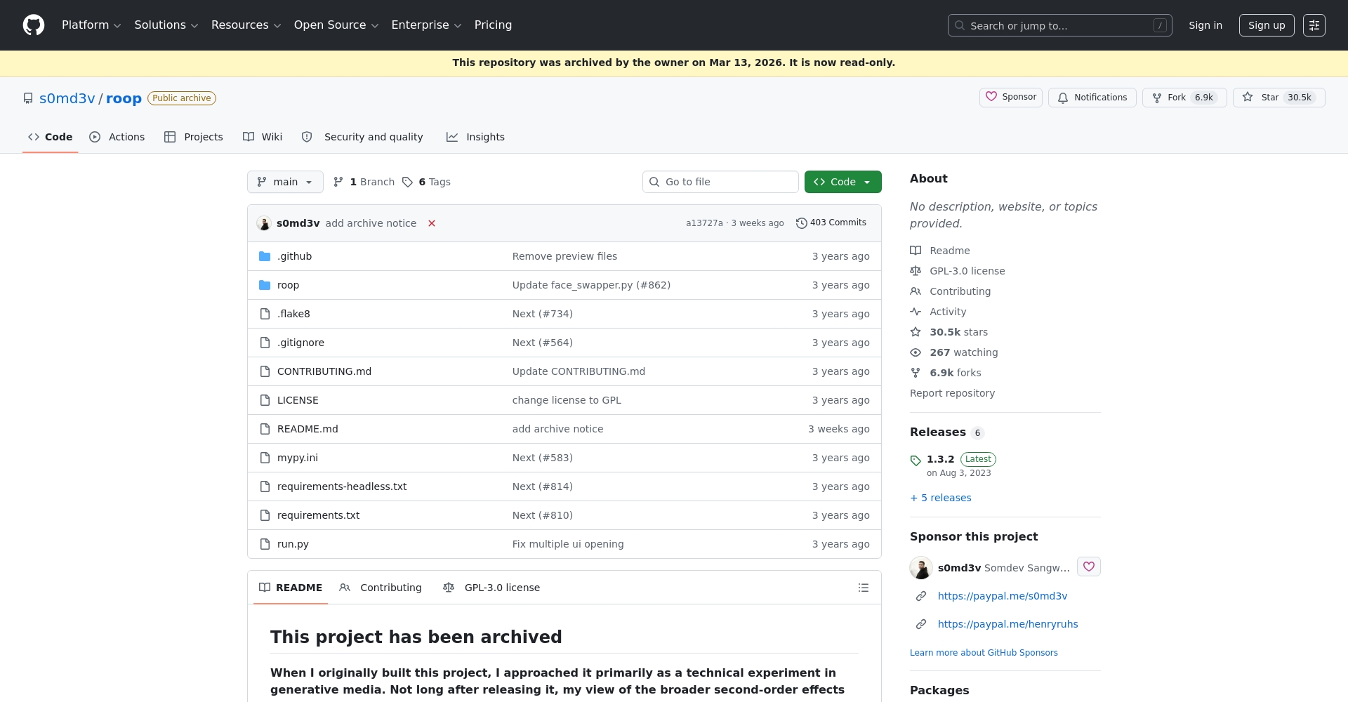 Roop GitHub页面截图