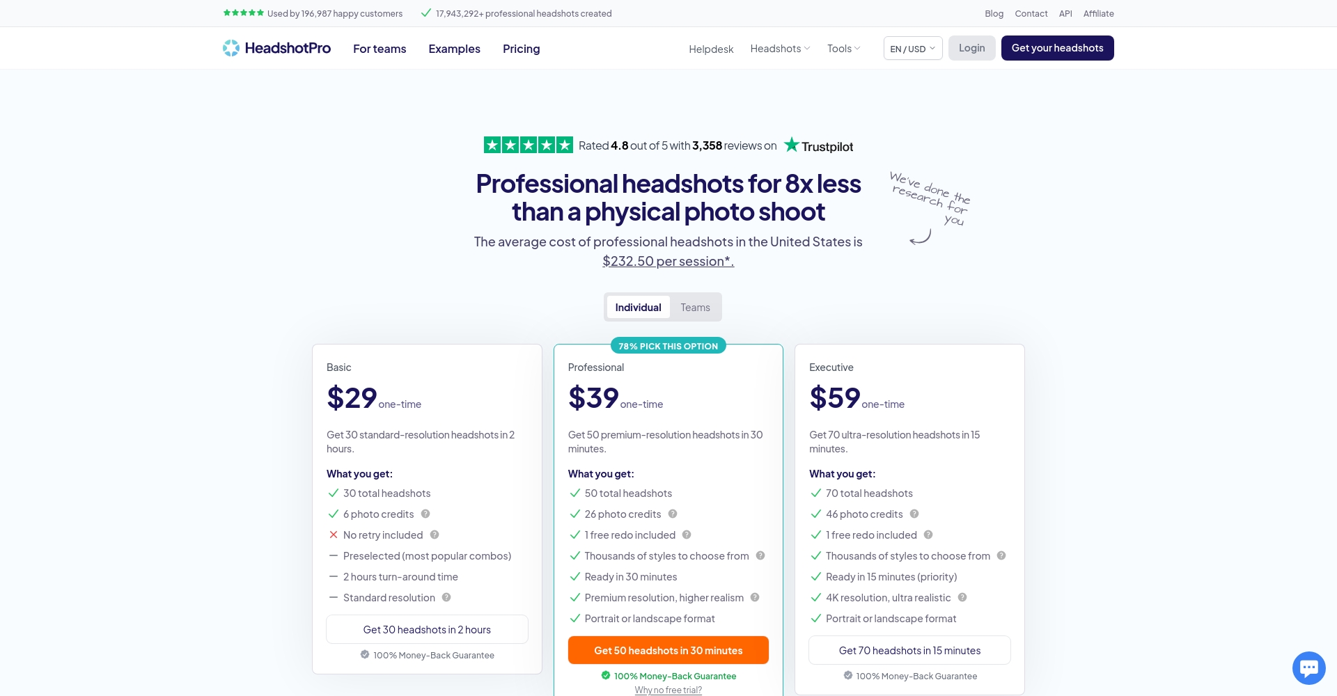 Screenshot of pricing plan page