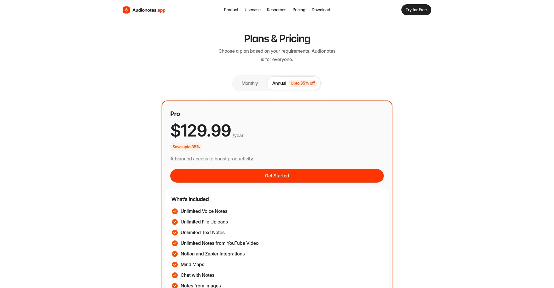 Audionotes.app价格方案页面