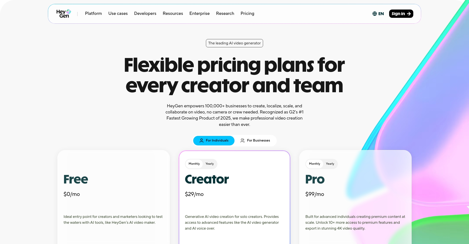 HeyGen价格方案页面