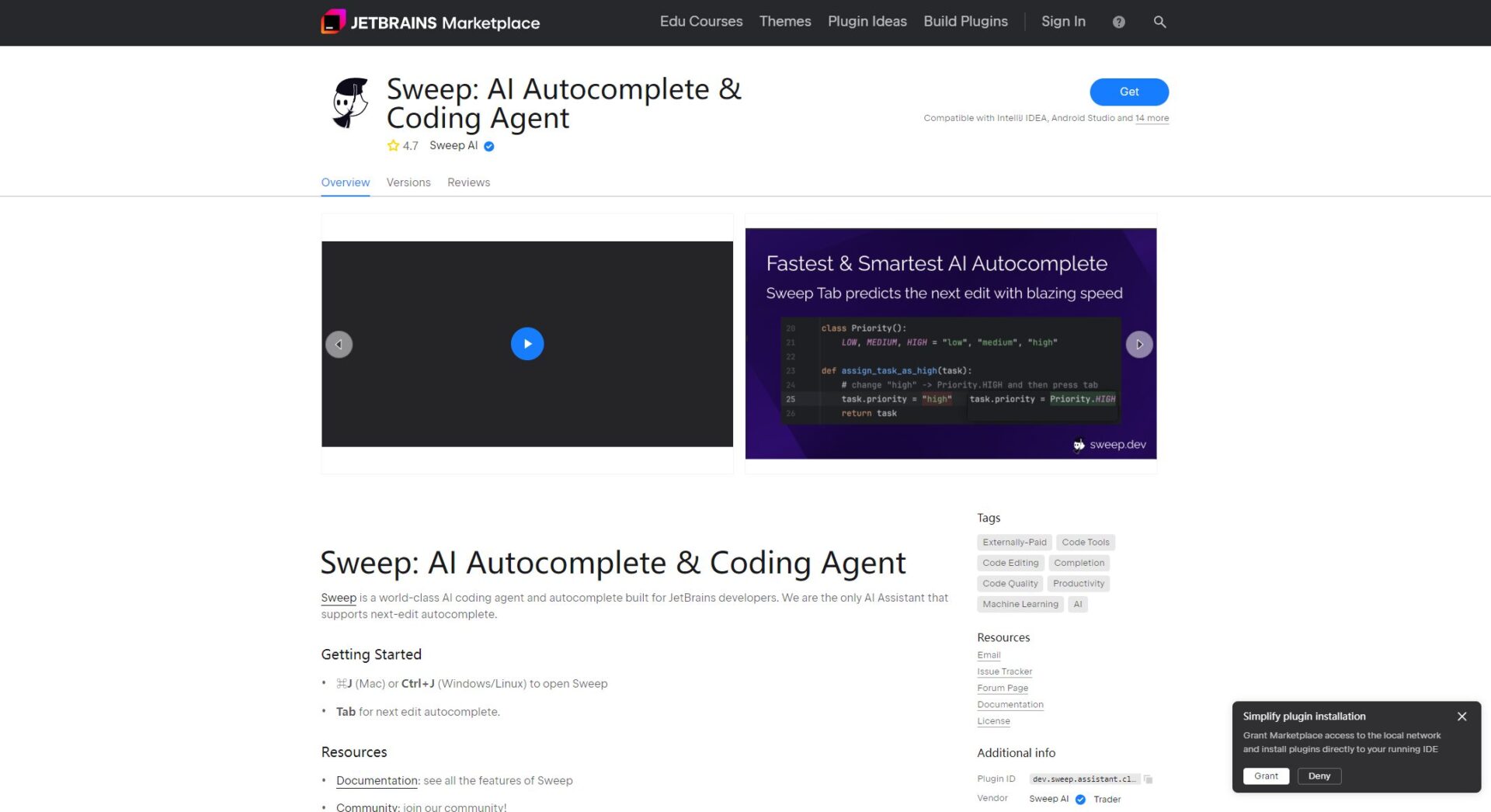Sweep AI JetBrains 插件市场页面（插件市场截图）