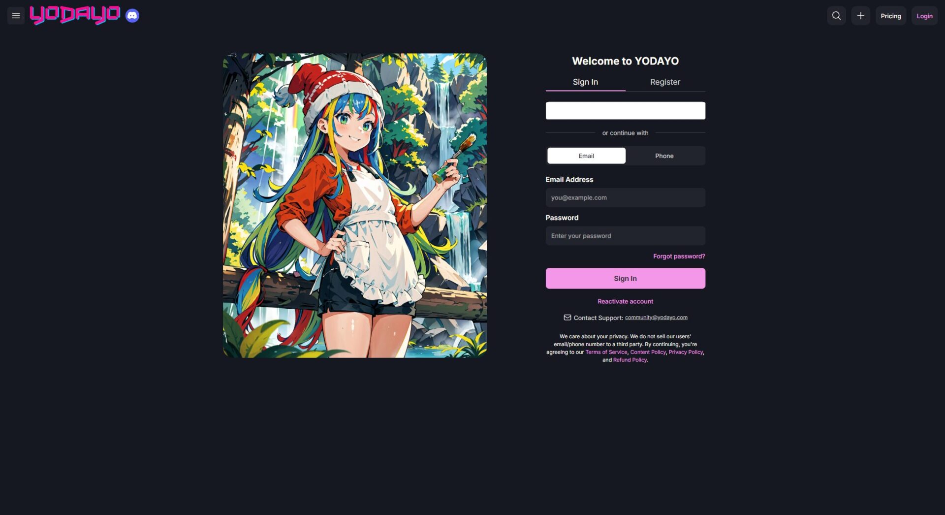 yodayo ai chat注册登录页