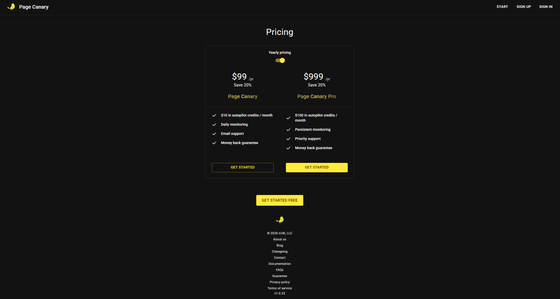 Page Canary价格方案页