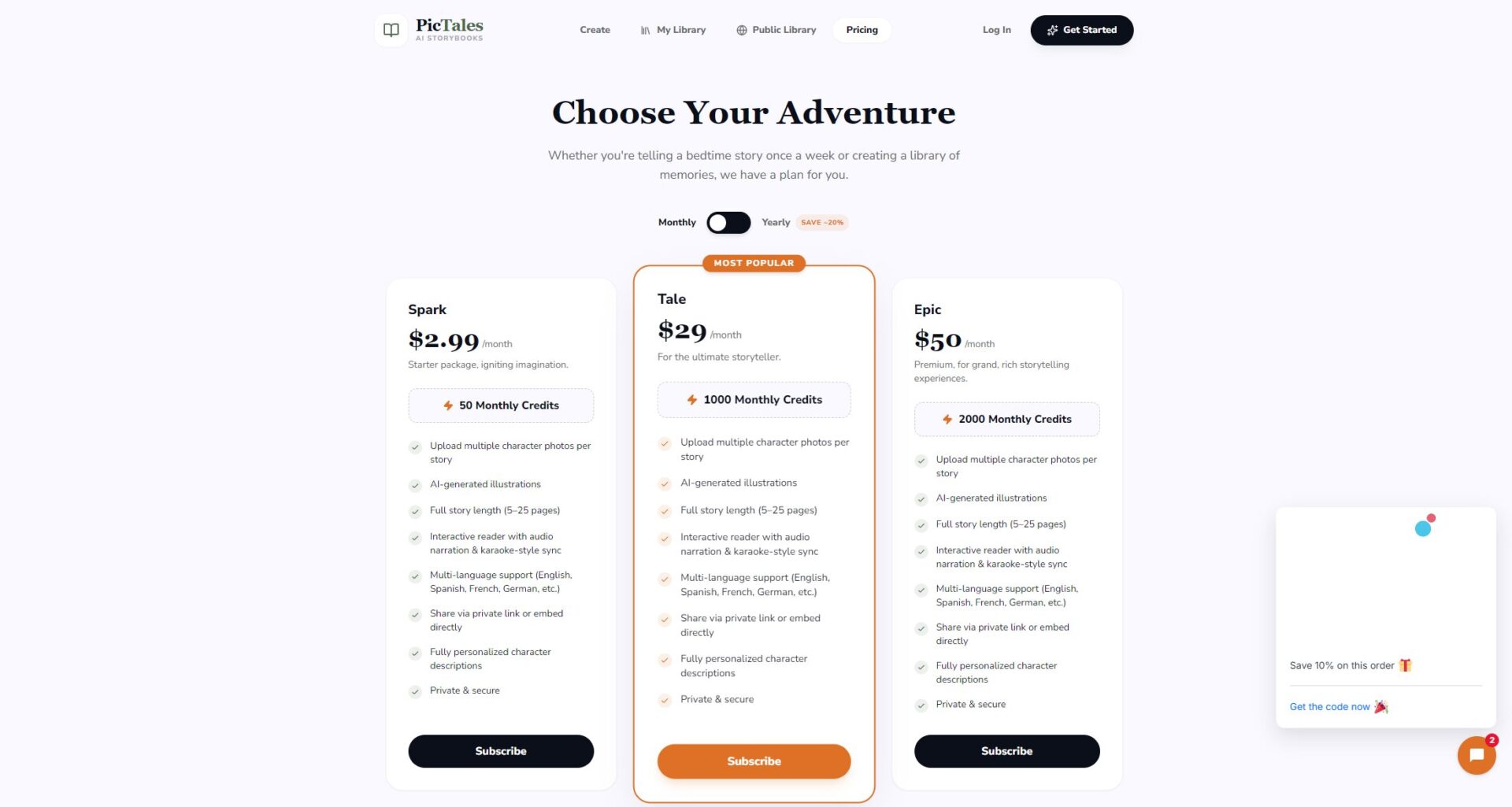 PicTales价格方案页