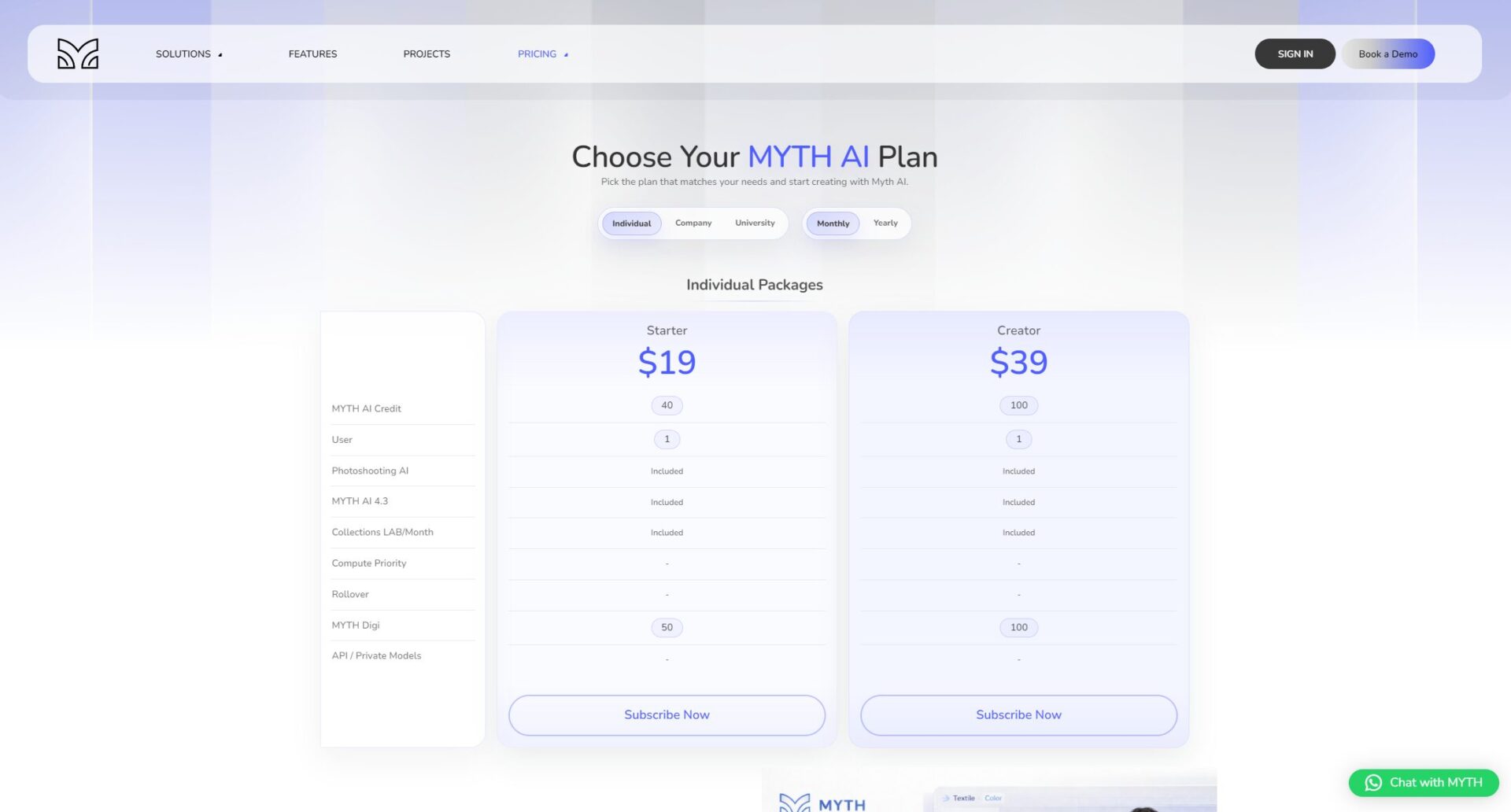 Myth AI价格方案页